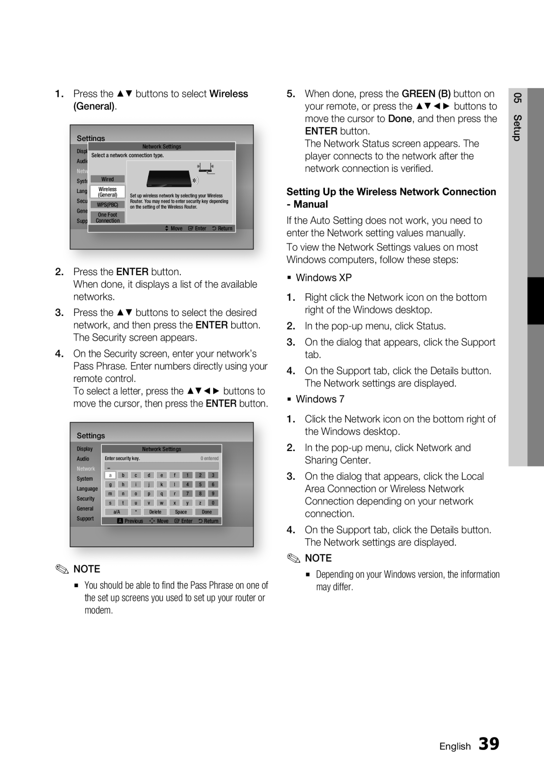 Samsung BD-D6700 Press the buttons to select Wireless General, Setting Up the Wireless Network Connection Manual 