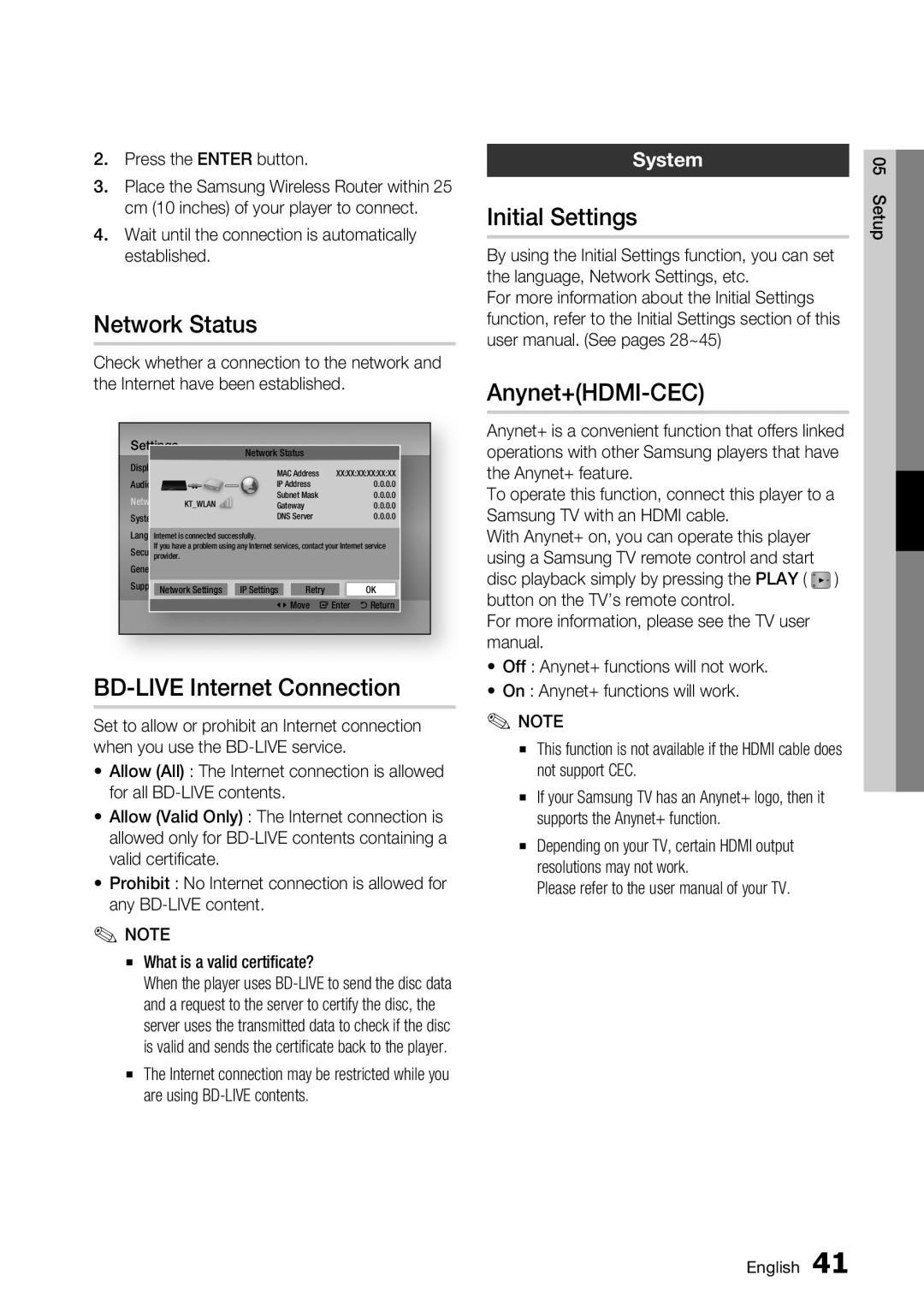 Samsung BD-D6700 user manual Network Status, BD-LIVE Internet Connection, Initial Settings, Anynet+HDMI-CEC, System 