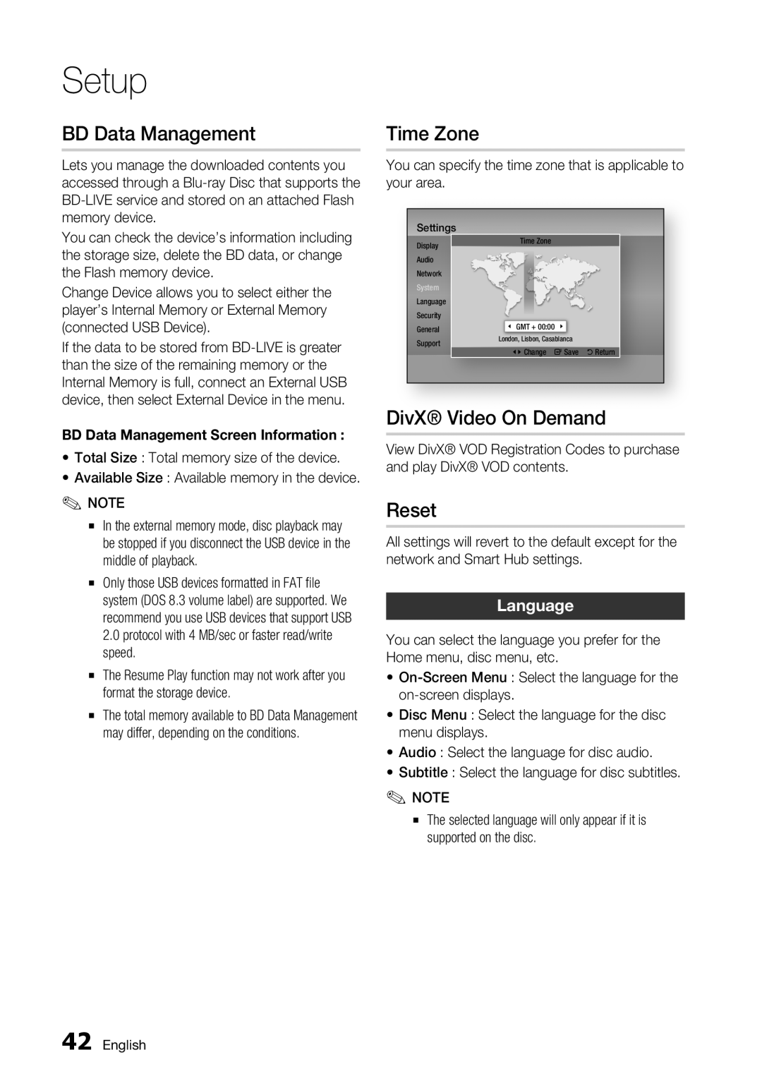 Samsung BD-D6700 user manual BD Data Management, Time Zone, DivX Video On Demand, Reset, Language 