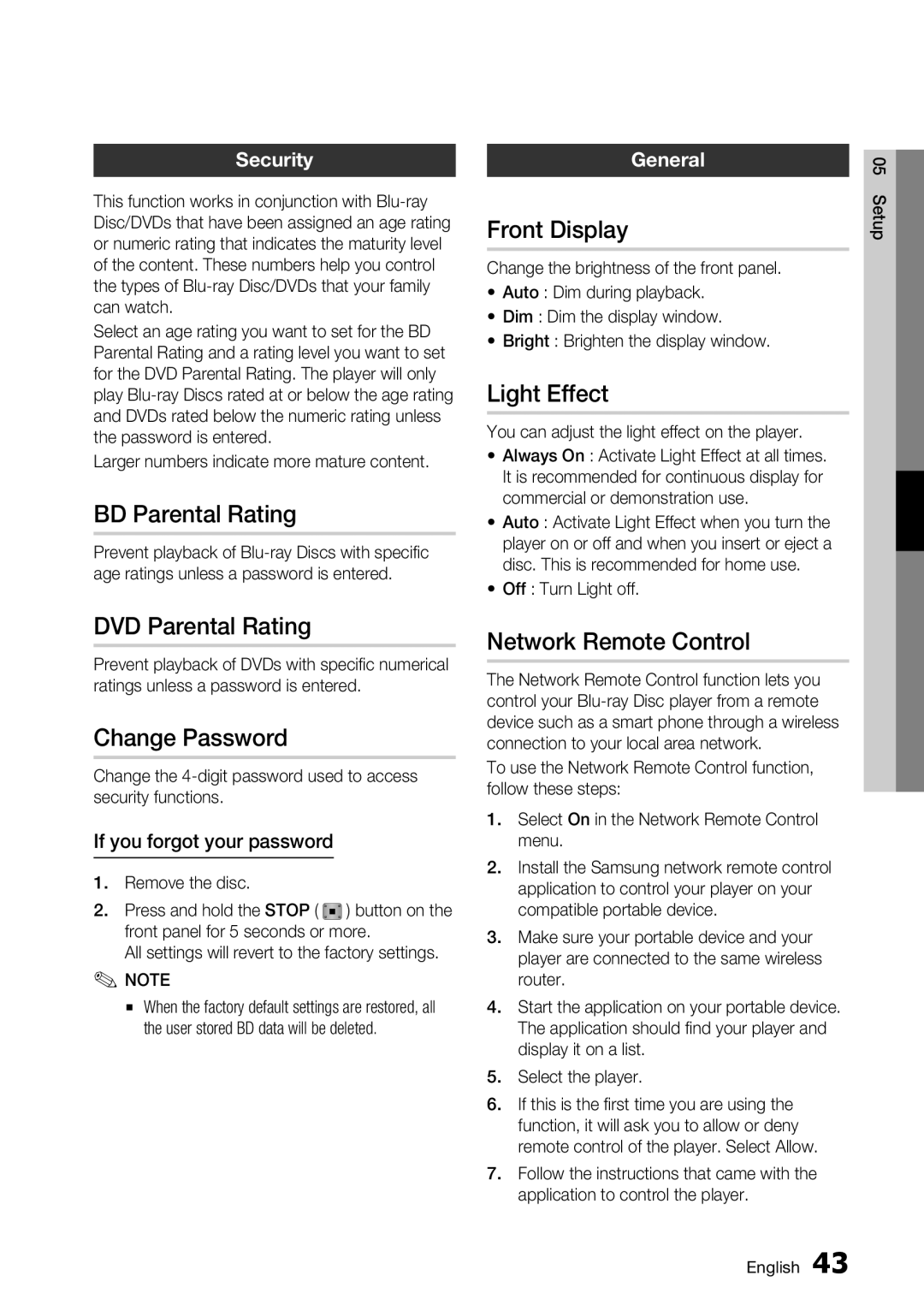 Samsung BD-D6700 user manual BD Parental Rating, DVD Parental Rating, Change Password, Front Display, Light Effect 