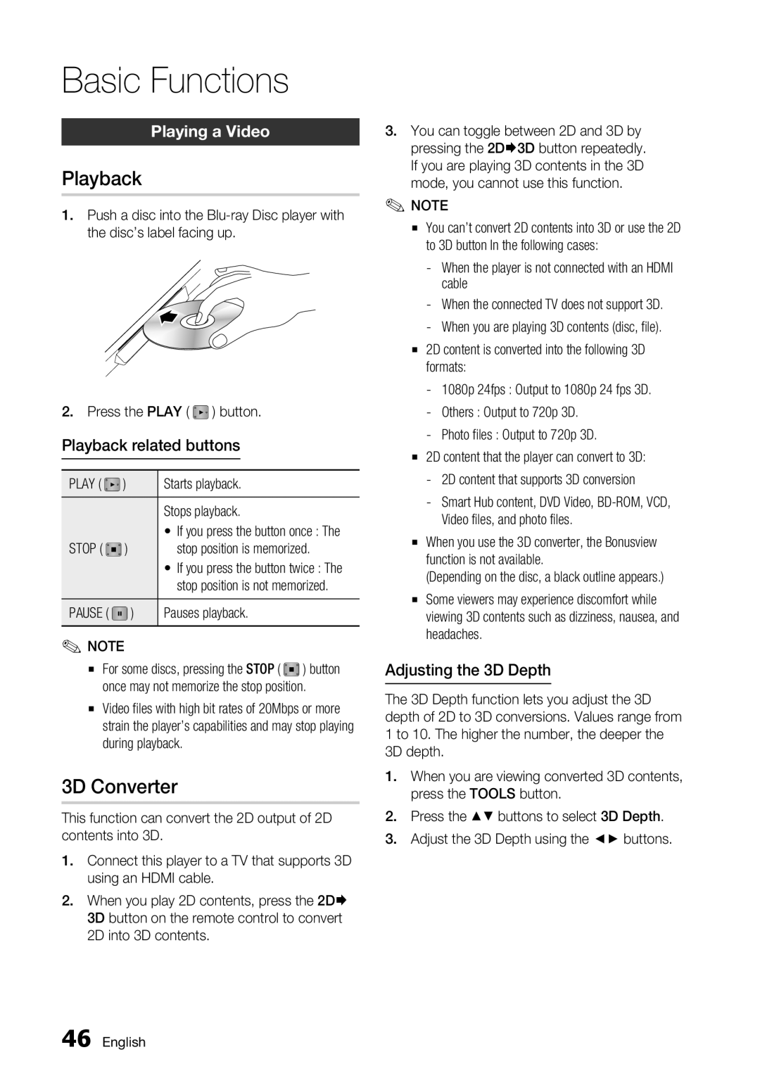 Samsung BD-D6700 user manual Basic Functions, Playback, 3D Converter, Playing a Video 