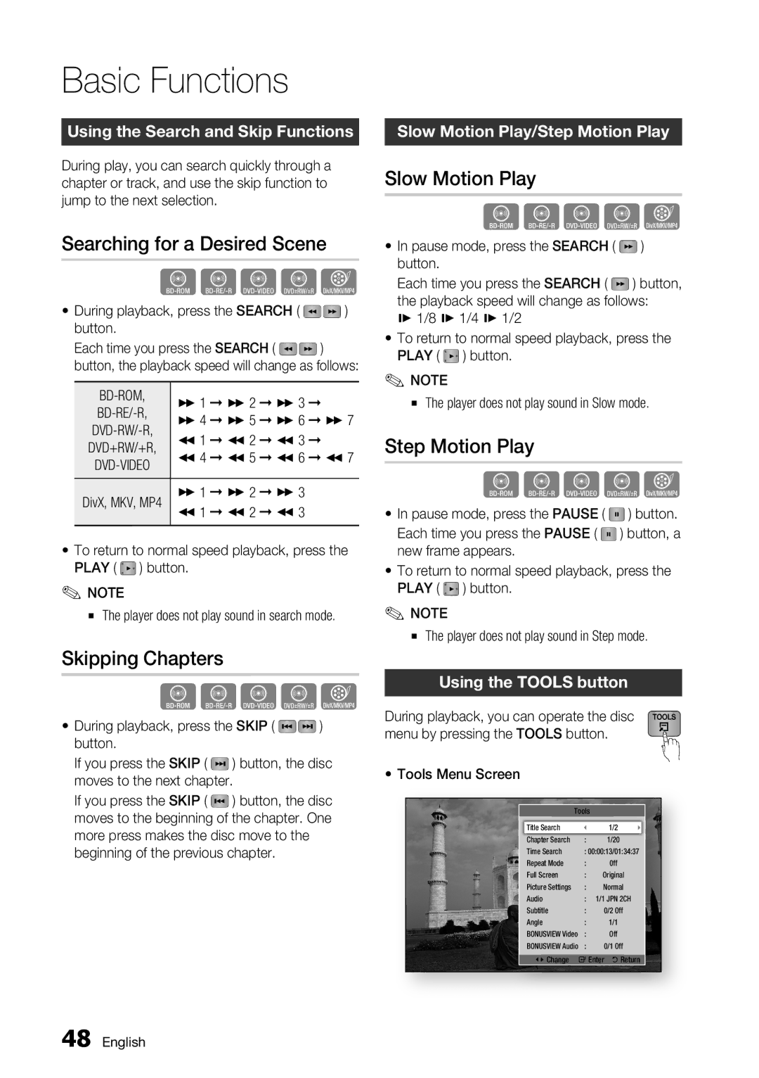 Samsung BD-D6700 user manual Searching for a Desired Scene, Skipping Chapters, Slow Motion Play, Step Motion Play 