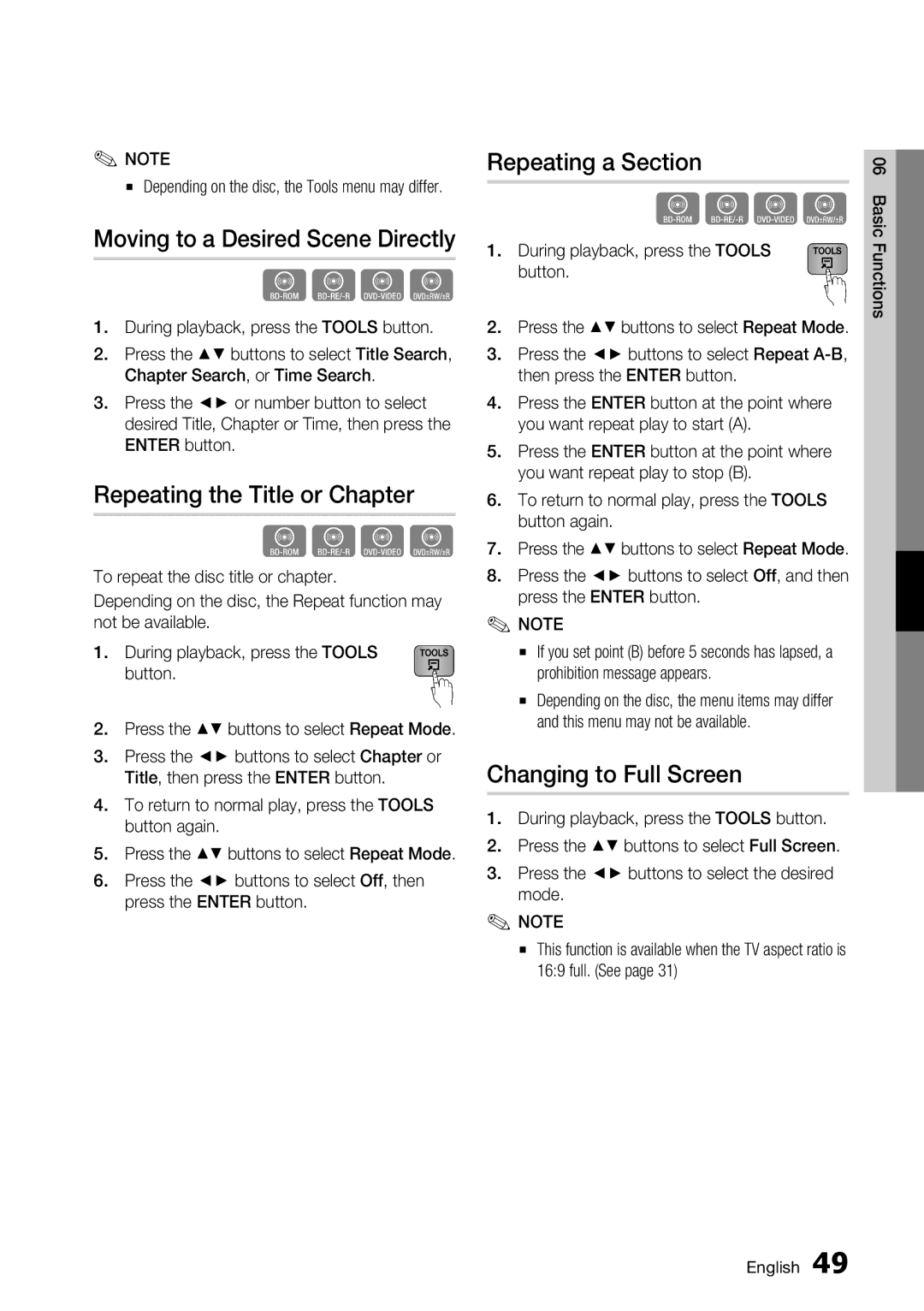 Samsung BD-D6700 user manual Moving to a Desired Scene Directly, Repeating the Title or Chapter, Repeating a Section 