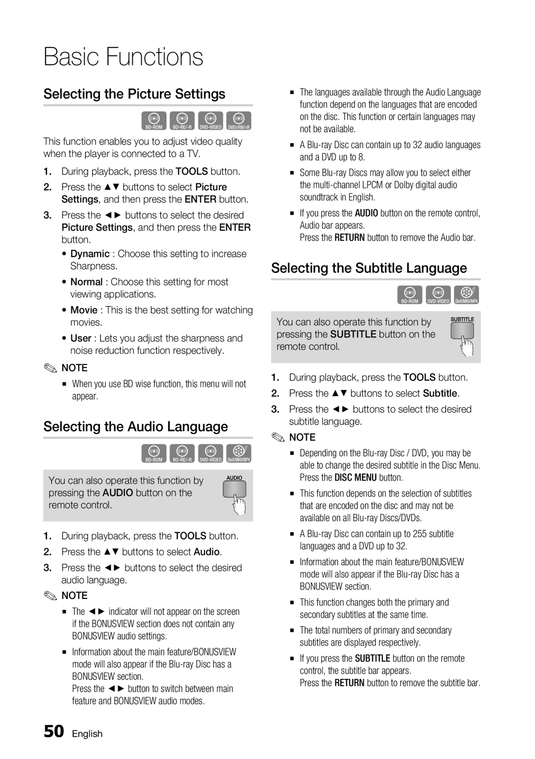 Samsung BD-D6700 user manual Selecting the Picture Settings, Selecting the Audio Language, Selecting the Subtitle Language 