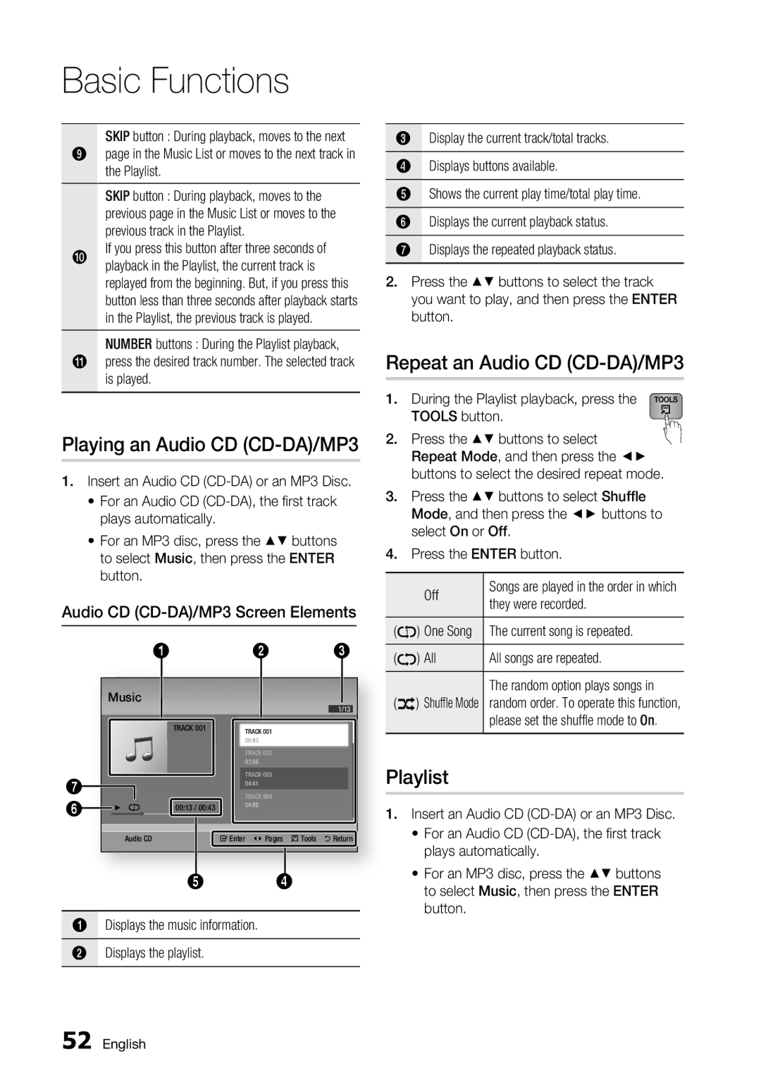 Samsung BD-D6700 Playing an Audio CD CD-DA/MP3, Repeat an Audio CD CD-DA/MP3, Playlist, Audio CD CD-DA/MP3 Screen Elements 