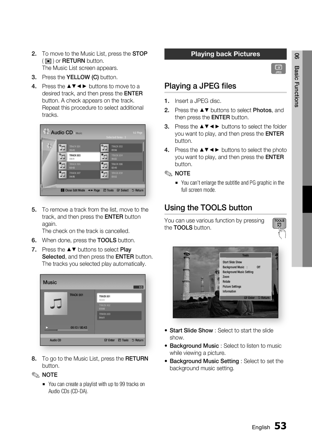 Samsung BD-D6700 user manual Playing a Jpeg files, Using the Tools button, Playing back Pictures 