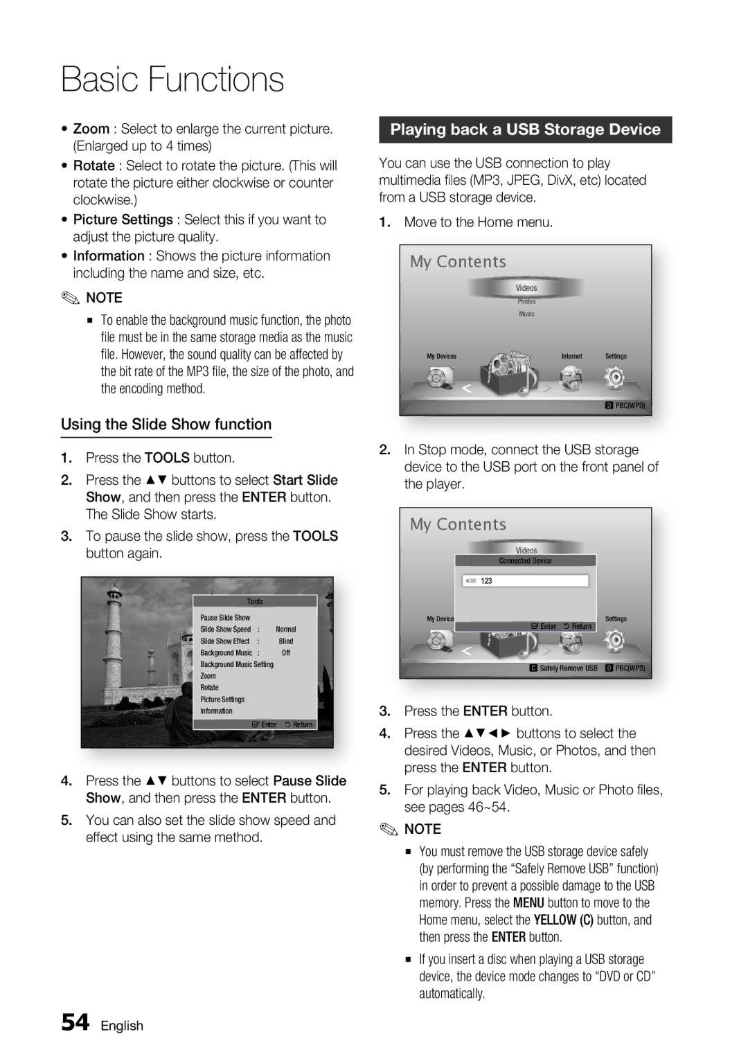 Samsung BD-D6700 user manual Using the Slide Show function, Playing back a USB Storage Device 