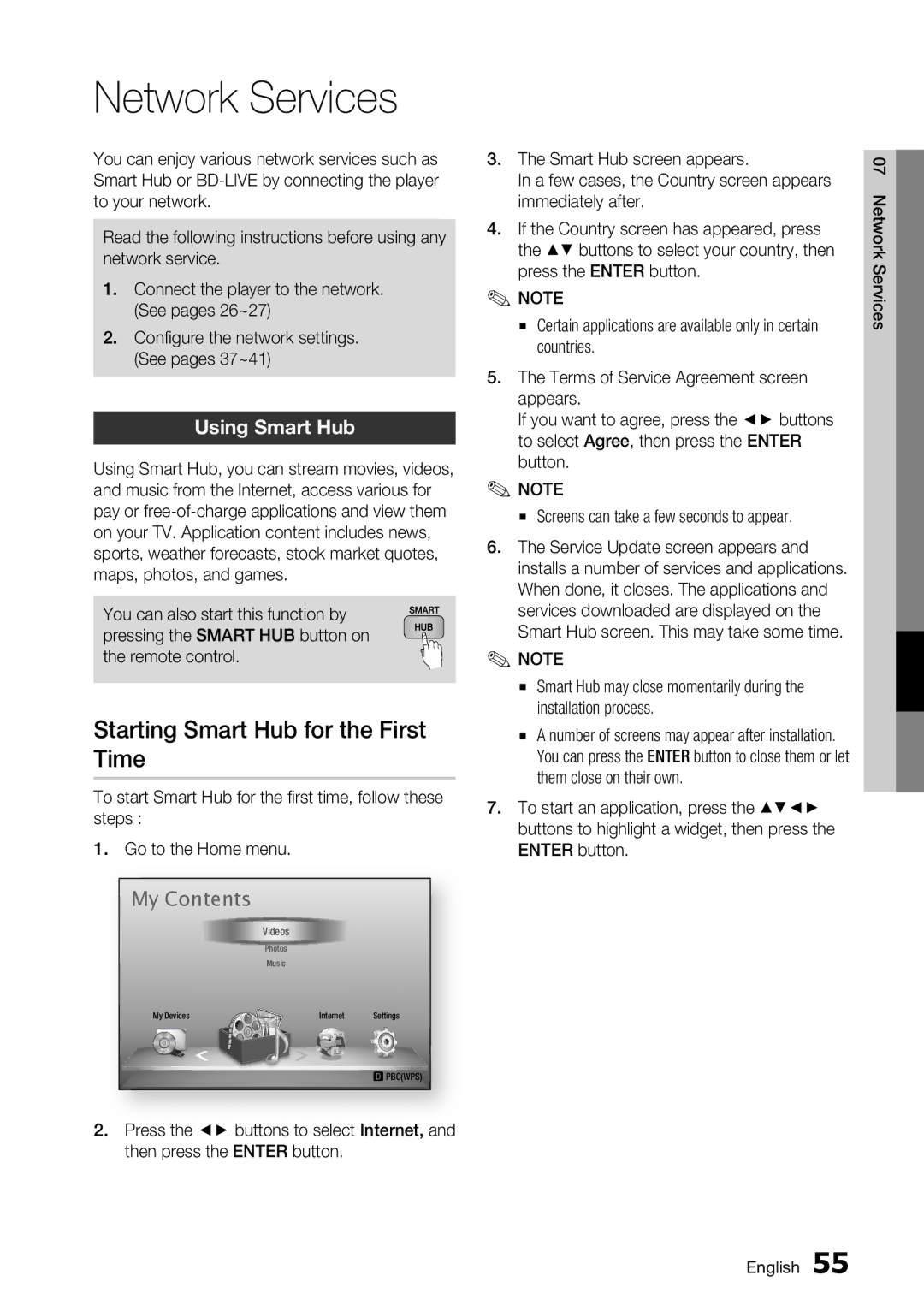 Samsung BD-D6700 user manual Starting Smart Hub for the First, Time, Using Smart Hub 