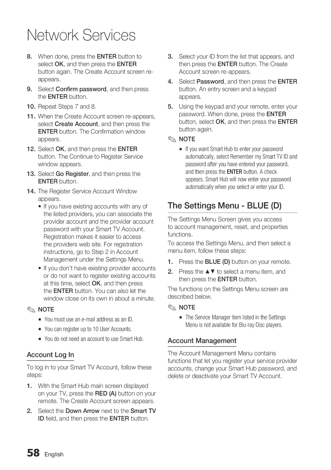 Samsung BD-D6700 user manual Settings Menu Blue D, Account Log, Account Management 