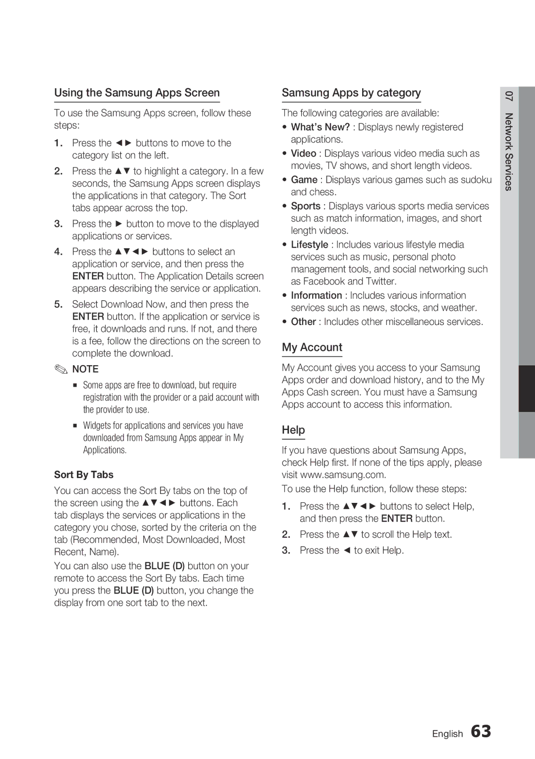 Samsung BD-D6700 user manual Using the Samsung Apps Screen, Samsung Apps by category, My Account, Help, Sort By Tabs 