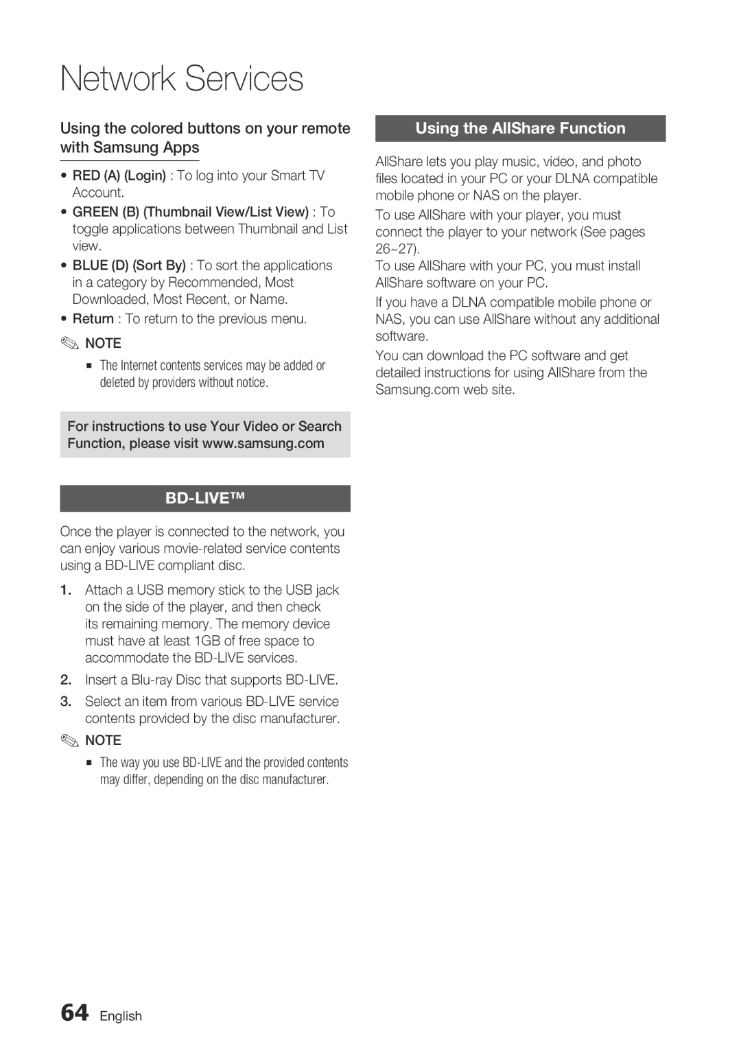 Samsung BD-D6700 user manual Using the colored buttons on your remote with Samsung Apps, Using the AllShare Function 