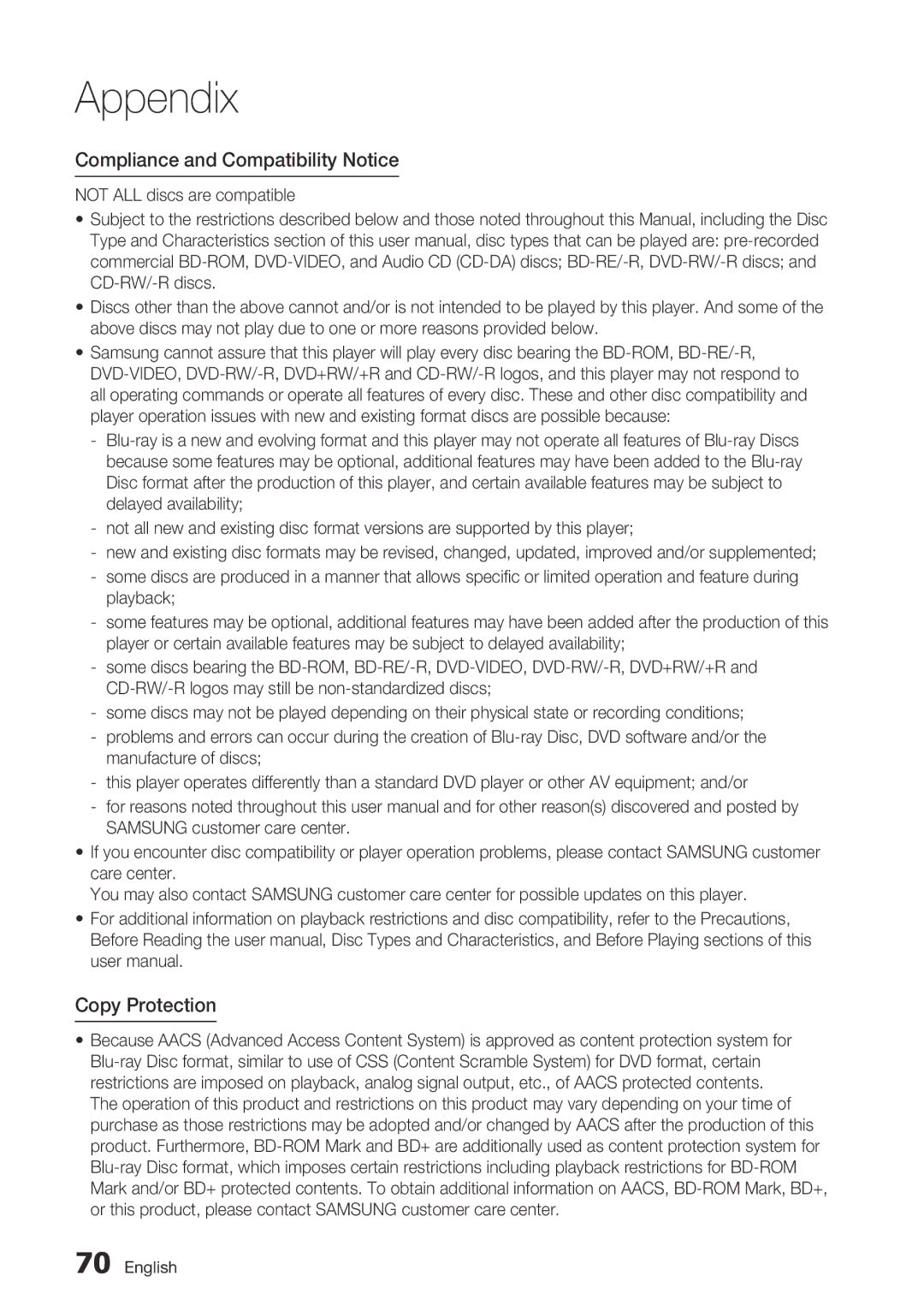 Samsung BD-D6700 user manual Compliance and Compatibility Notice, Copy Protection 