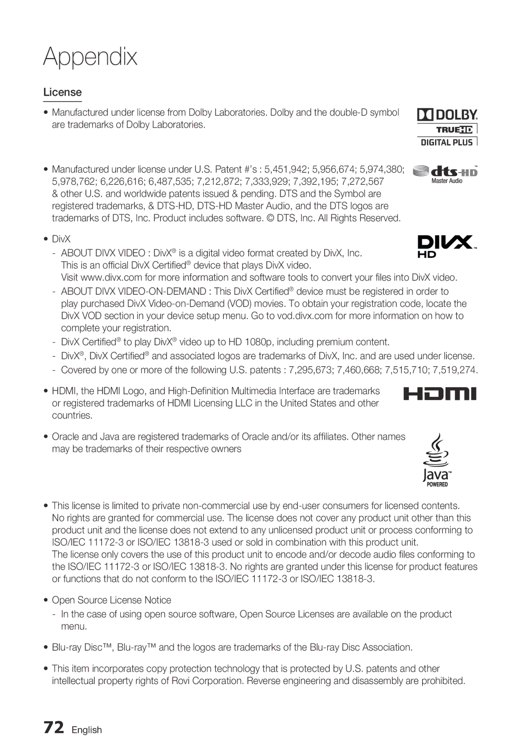 Samsung BD-D6700 user manual License, DivX 