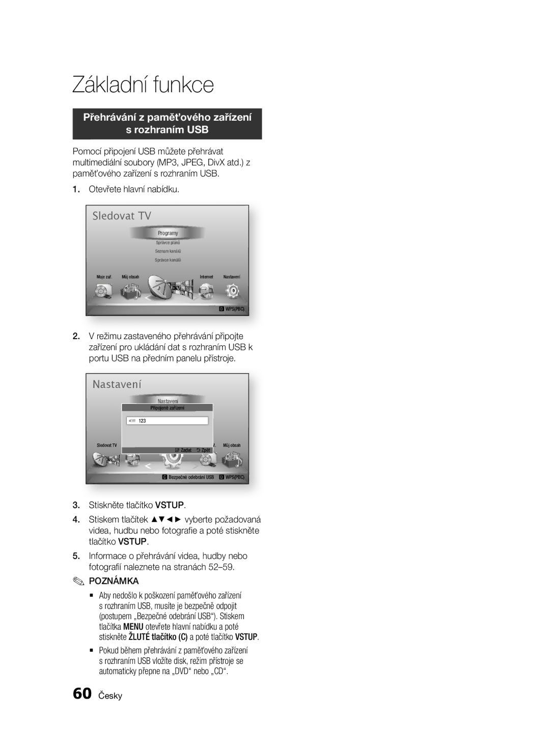 Samsung BD-D6900/ZF, BD-D6900/EN manual Přehrávání z paměťového zařízení Rozhraním USB, Otevřete hlavní nabídku, 60 Česky 