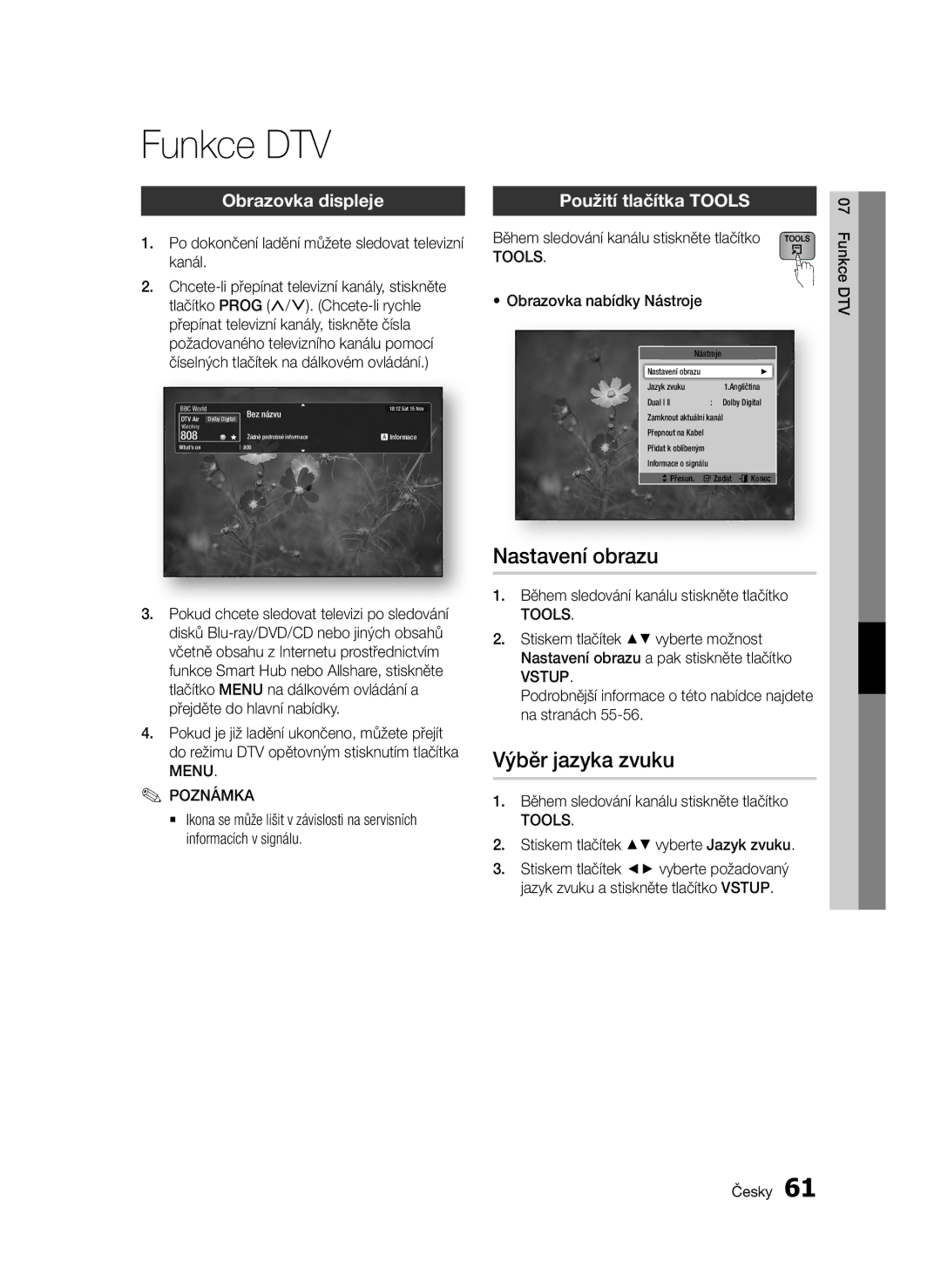 Samsung BD-D6900/EN, BD-D6900/ZF manual Funkce DTV, Nastavení obrazu, Obrazovka displeje, Menu Poznámka 