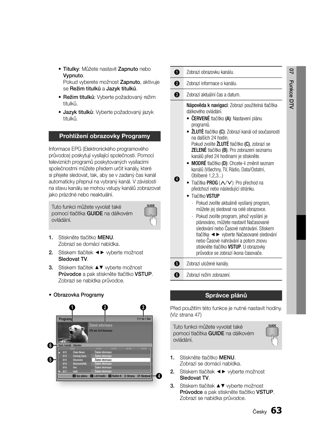 Samsung BD-D6900/EN, BD-D6900/ZF manual Prohlížení obrazovky Programy, Správce plánů, Tlačítko Vstup 