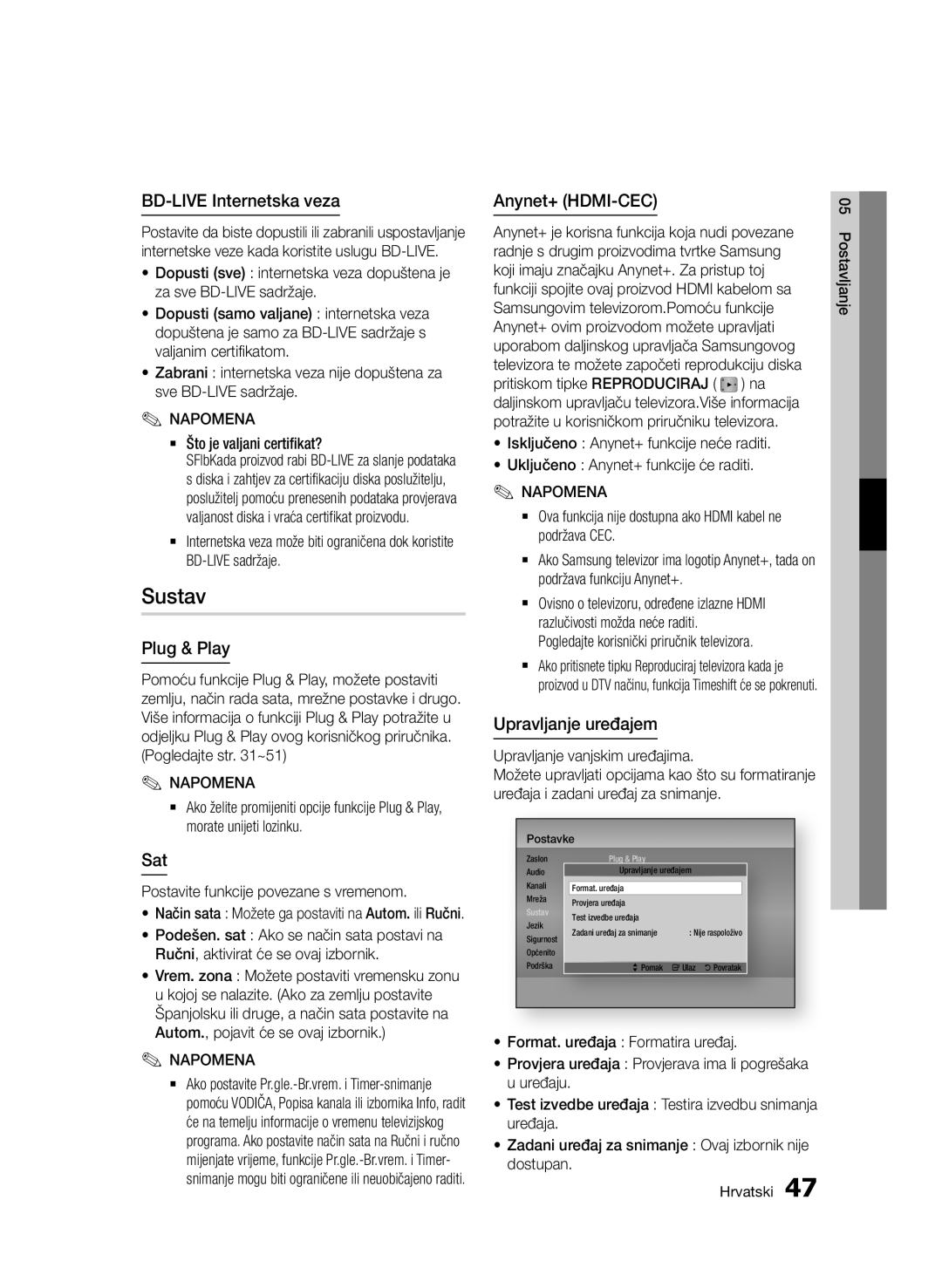 Samsung BD-D6900/EN manual Sustav, BD-LIVE Internetska veza, Sat, Upravljanje uređajem 