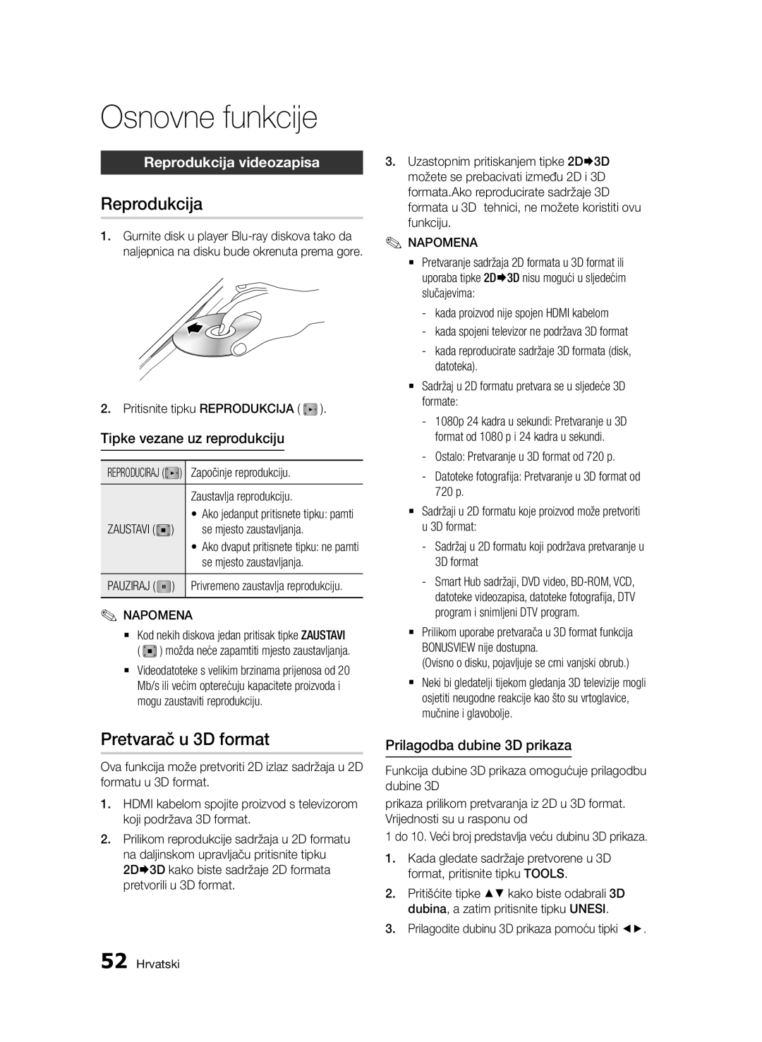 Samsung BD-D6900/EN manual Osnovne funkcije, Pretvarač u 3D format, Reprodukcija videozapisa 