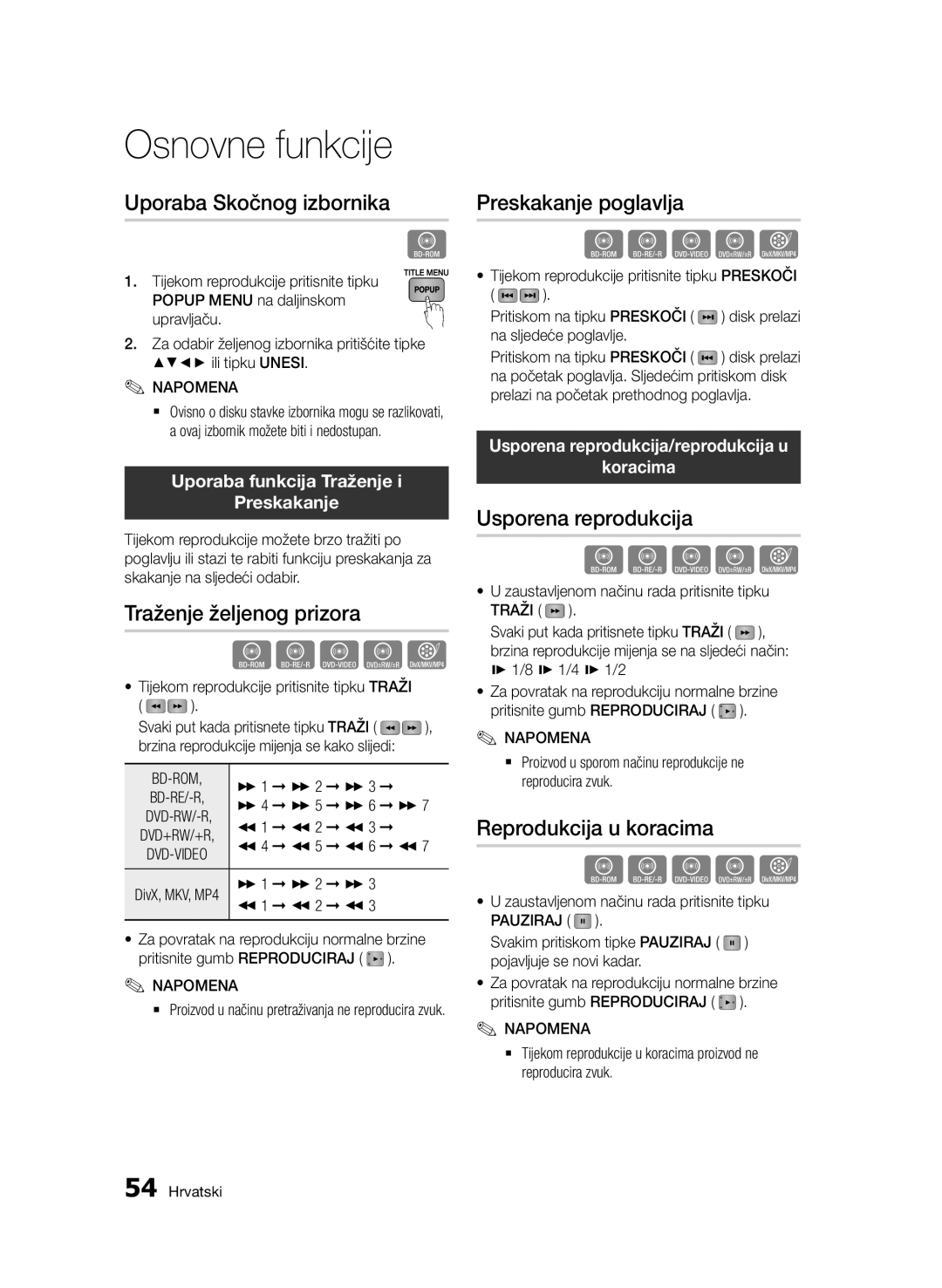 Samsung BD-D6900/EN Uporaba Skočnog izbornika, Traženje željenog prizora, Preskakanje poglavlja, Usporena reprodukcija 