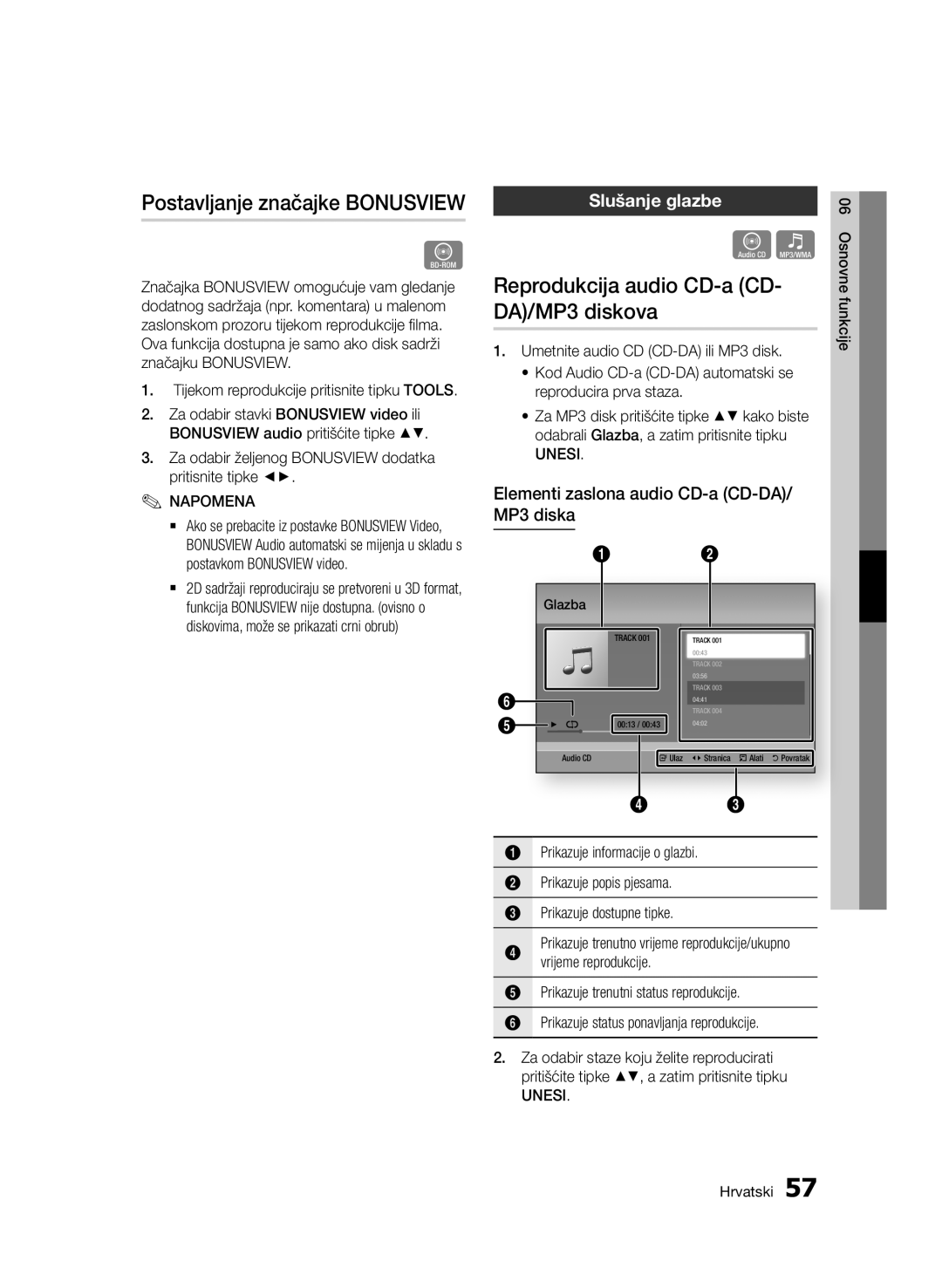 Samsung BD-D6900/EN manual Postavljanje značajke Bonusview, Reprodukcija audio CD-a CD- DA/MP3 diskova, Slušanje glazbe 