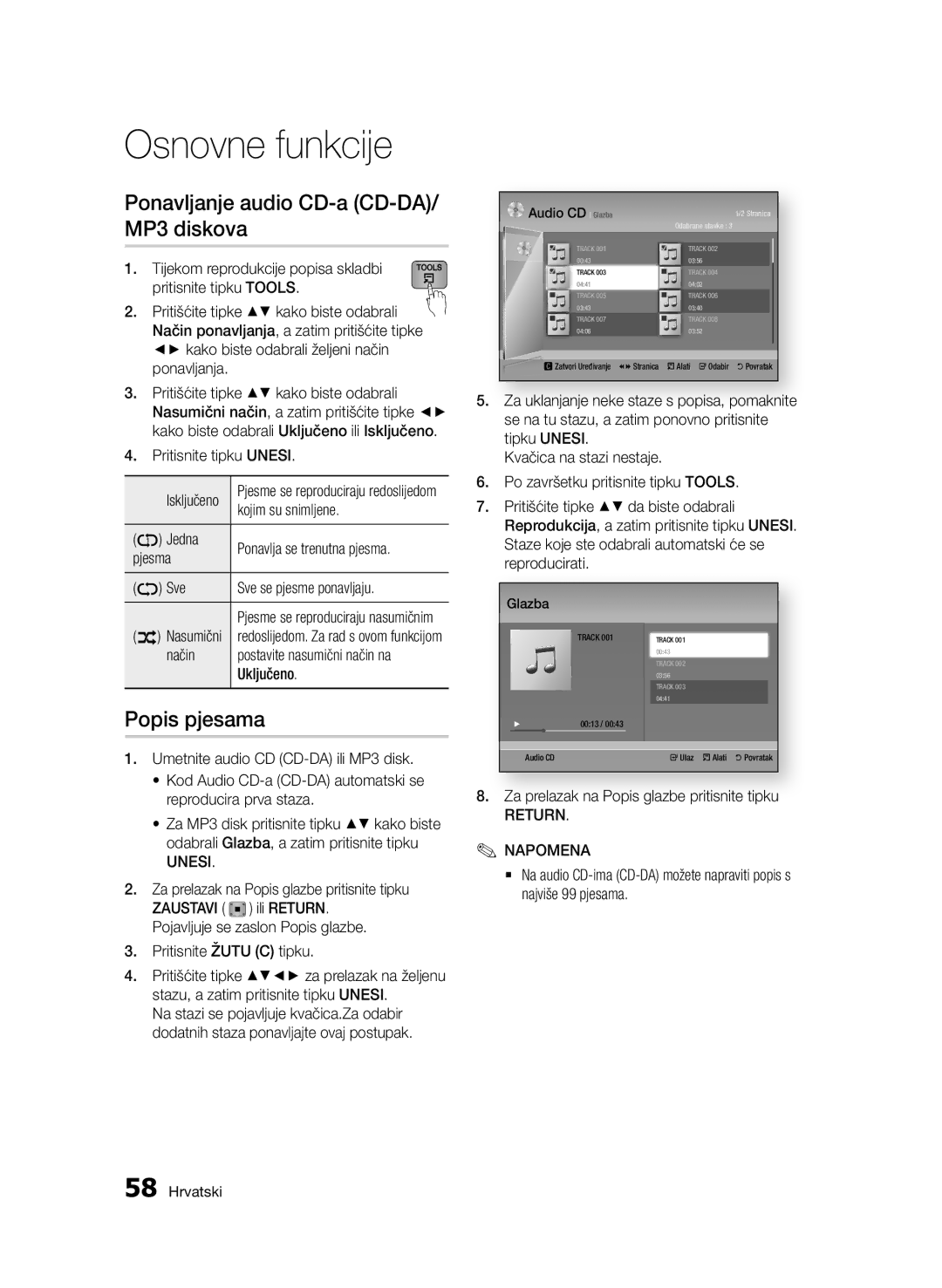 Samsung BD-D6900/EN manual Ponavljanje audio CD-a CD-DA/ MP3 diskova, Popis pjesama, Return Napomena 