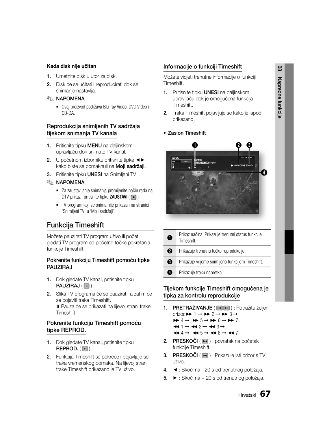 Samsung BD-D6900/EN manual Funkcija Timeshift, Pokrenite funkciju Timeshift pomoću tipke, Informacije o funkciji Timeshift 