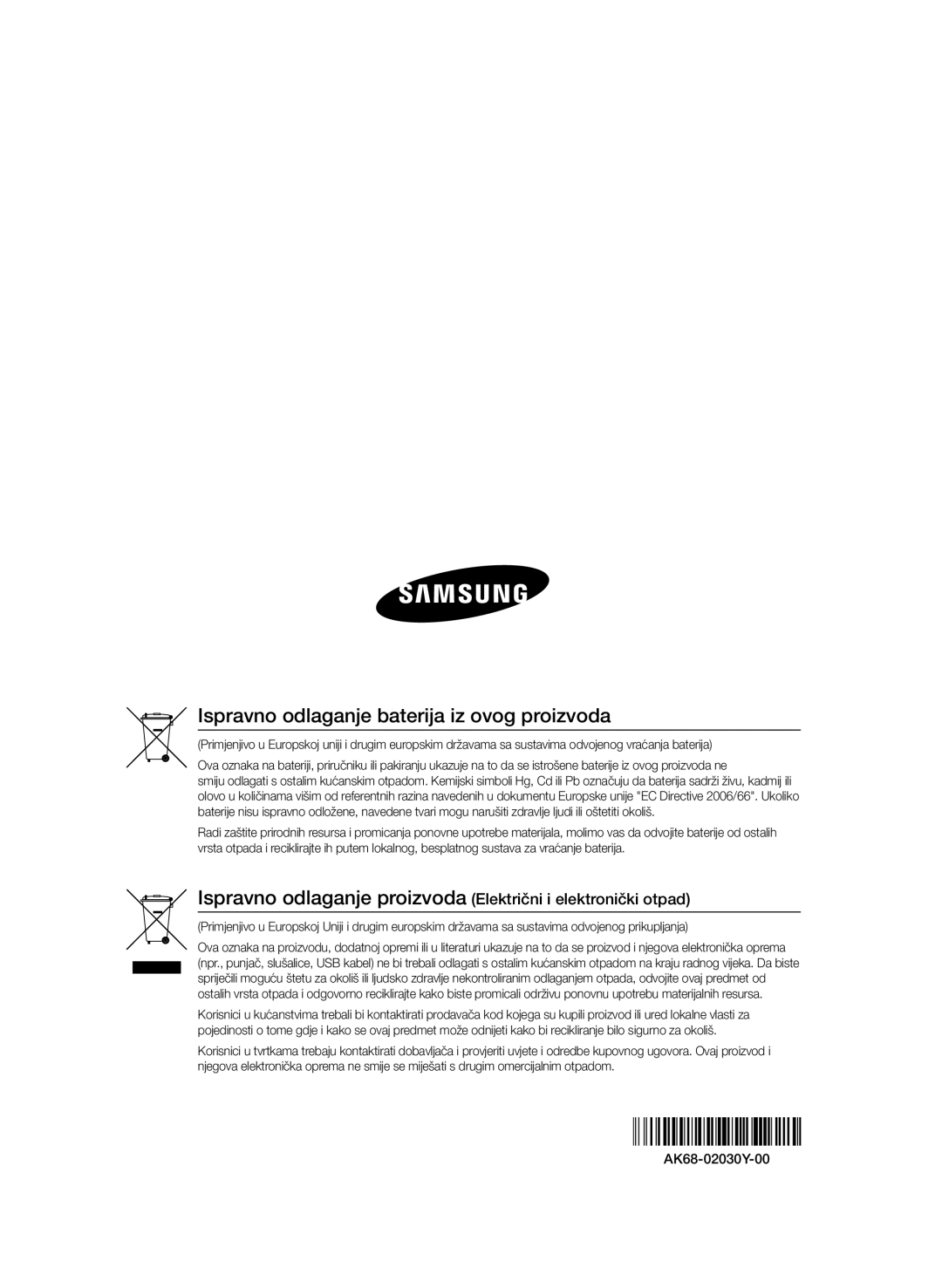 Samsung BD-D6900/EN manual Ispravno odlaganje baterija iz ovog proizvoda 