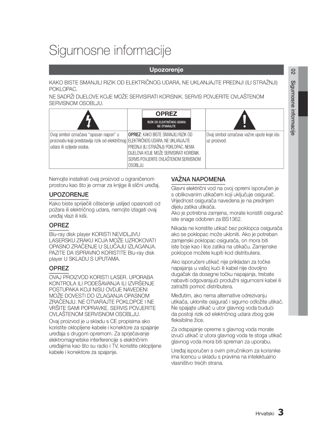 Samsung BD-D6900/EN manual Sigurnosne informacije, Upozorenje, Uz proizvod, Udara ili ozljede osoba 