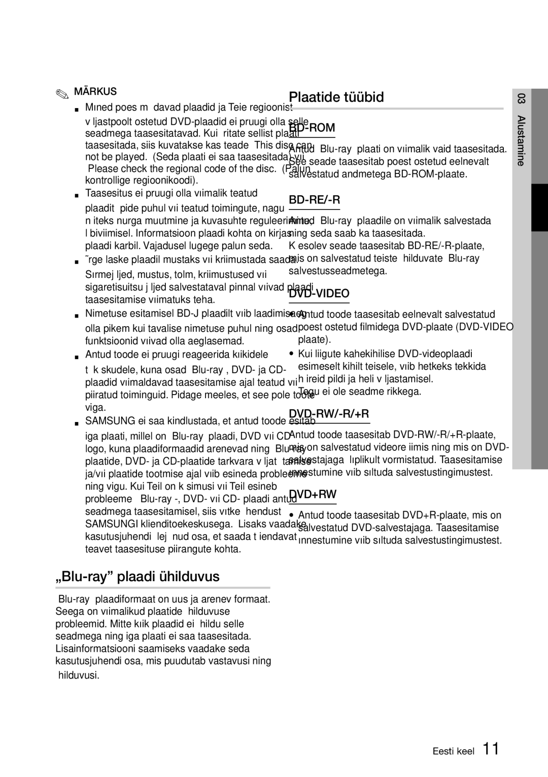 Samsung BD-D6900/EN manual „Blu-ray plaadi ühilduvus, Plaatide tüübid, Märkus 