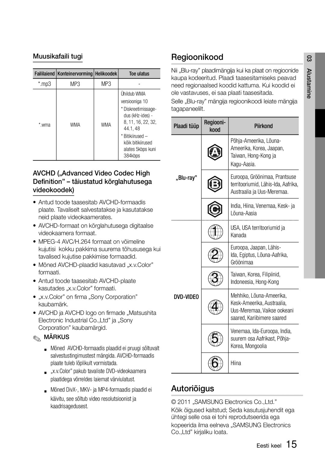 Samsung BD-D6900/EN manual Regioonikood, Autoriõigus, Muusikafaili tugi, MP3 