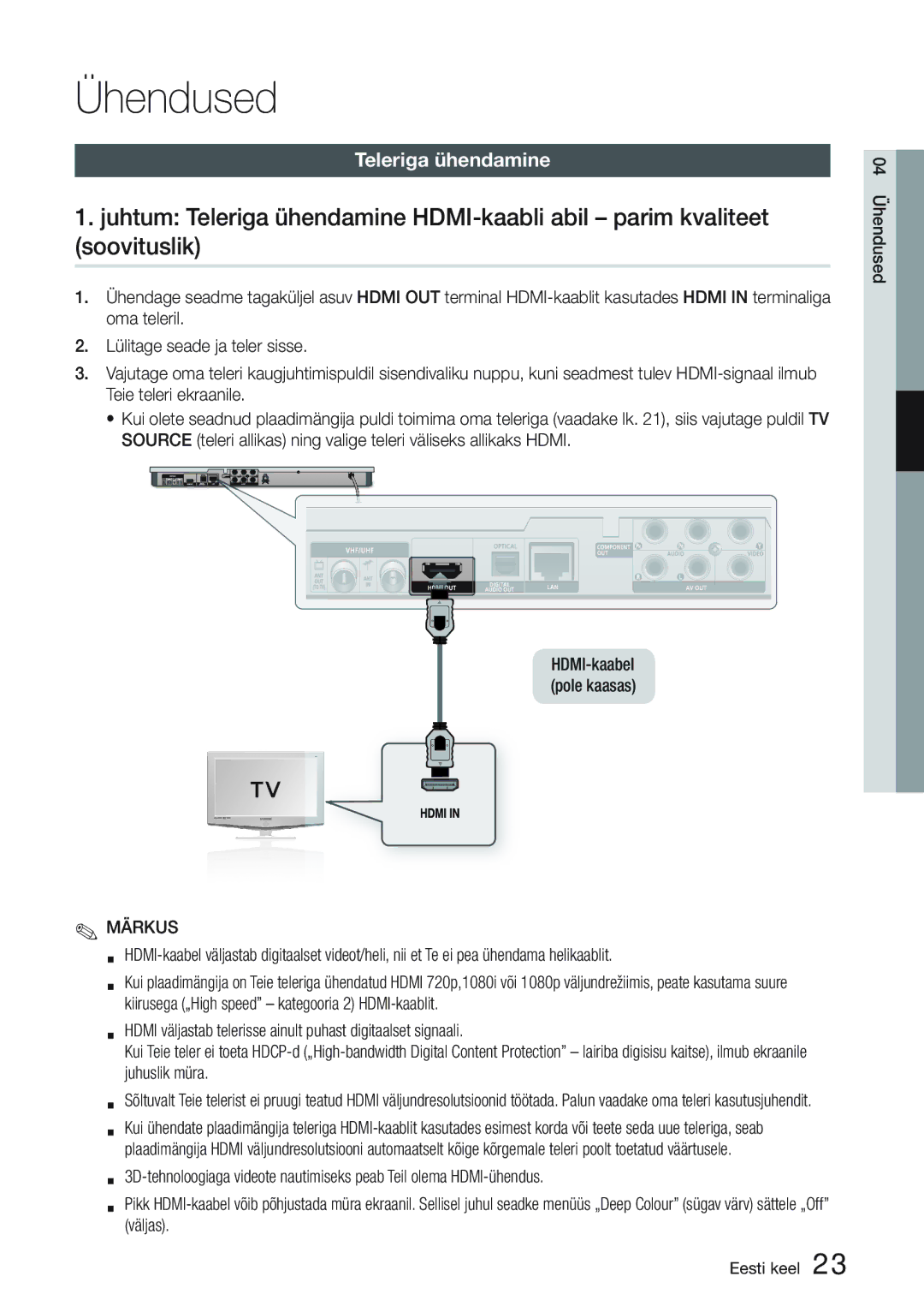 Samsung BD-D6900/EN manual Teleriga ühendamine, HDMI-kaabel pole kaasas 