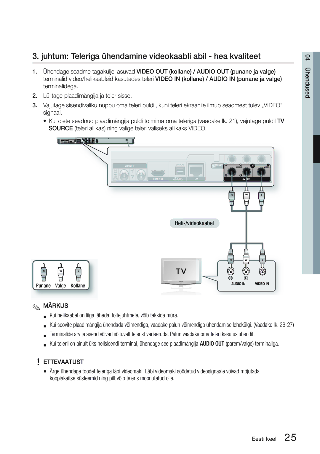 Samsung BD-D6900/EN manual Juhtum Teleriga ühendamine videokaabli abil hea kvaliteet, Punane Valge Kollane 