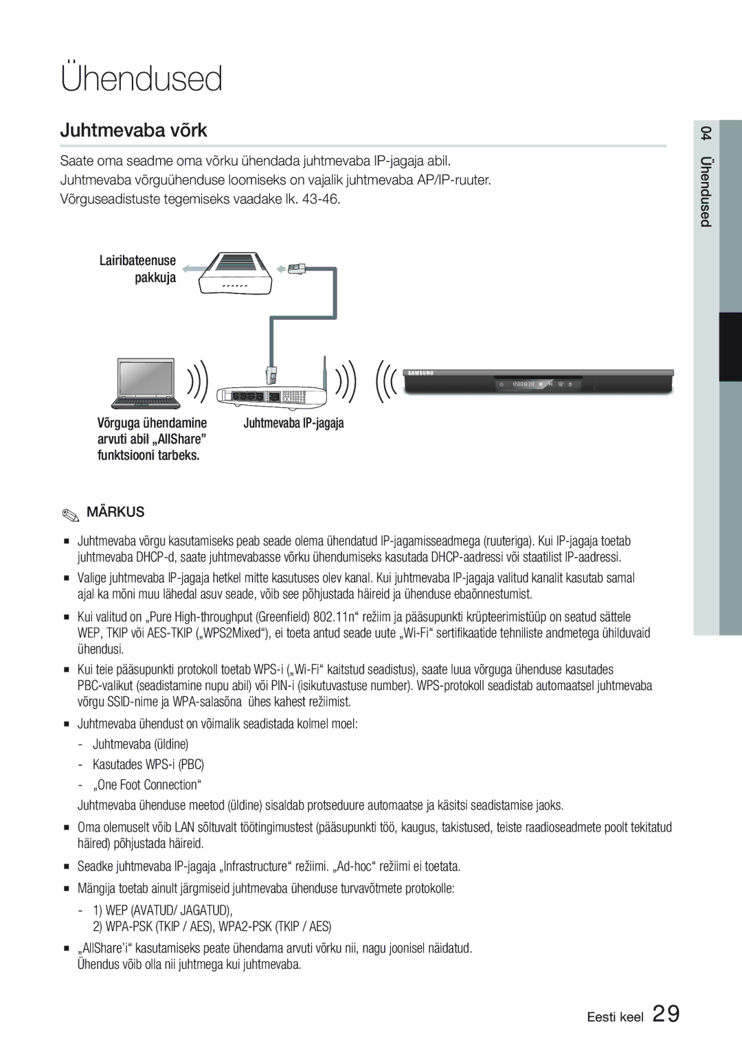 Samsung BD-D6900/EN manual Juhtmevaba võrk, Võrguga ühendamine, Arvuti abil „AllShare Funktsiooni tarbeks 