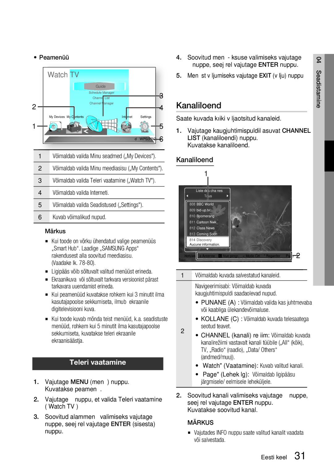 Samsung BD-D6900/EN manual Kanaliloend, Teleri vaatamine 