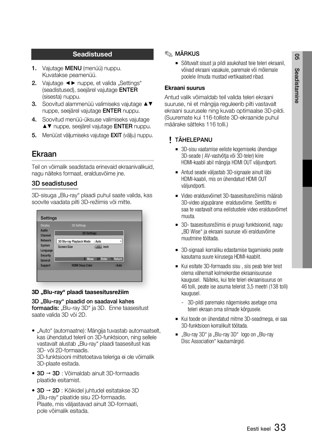 Samsung BD-D6900/EN manual Seadistused, 3D seadistused, 3D „Blu-ray plaadi taasesitusrežiim, Ekraani suurus 