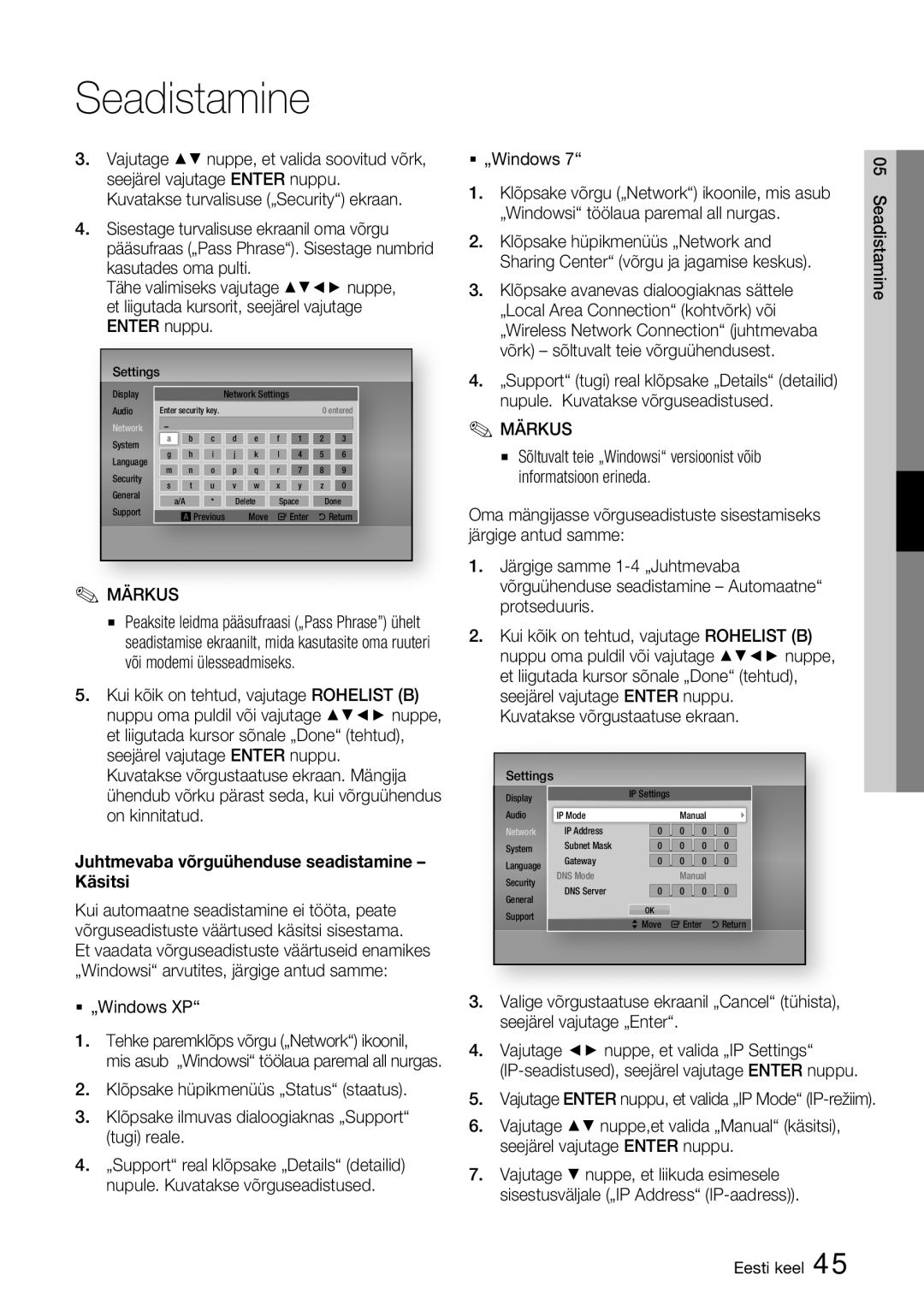 Samsung BD-D6900/EN Juhtmevaba võrguühenduse seadistamine Käsitsi, ƒ „Windows XP Tehke paremklõps võrgu „Network ikoonil 