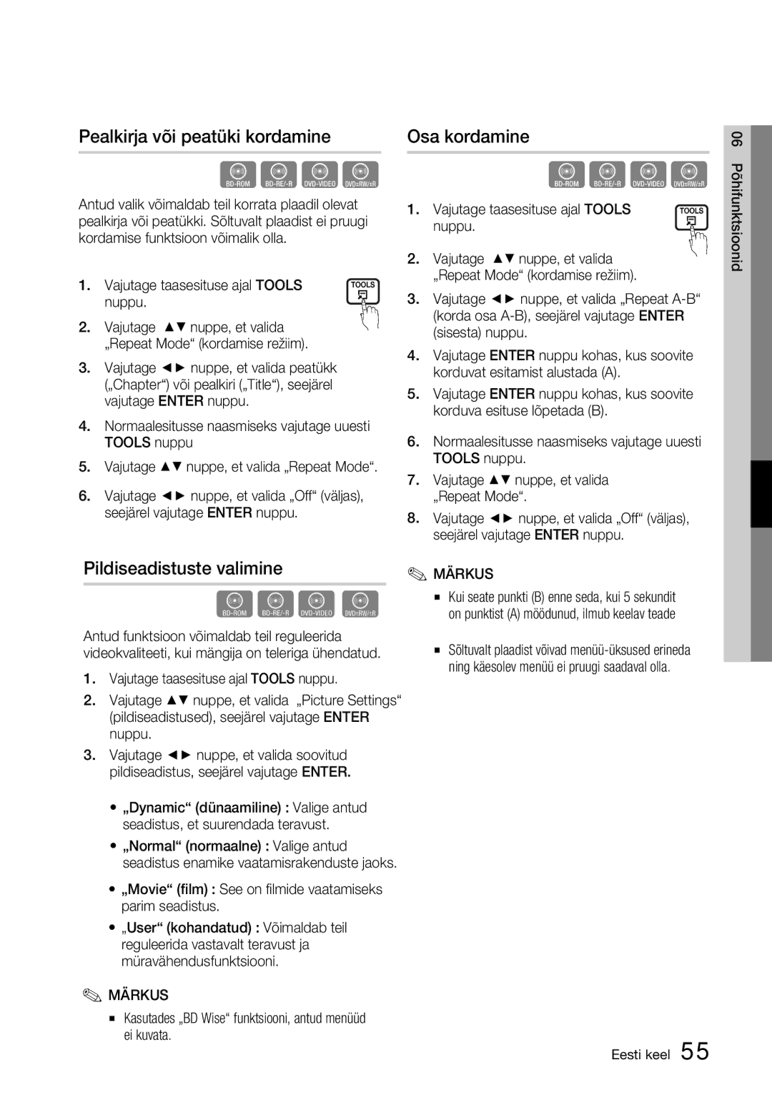 Samsung BD-D6900/EN manual Vajutage taasesituse ajal Tools nuppu, Normaalesitusse naasmiseks vajutage uuesti Tools nuppu 