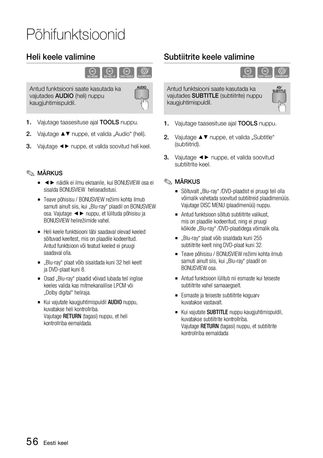 Samsung BD-D6900/EN manual Heli keele valimine, Subtiitrite keele valimine, Vajutage nuppe, et valida soovitud heli keel 