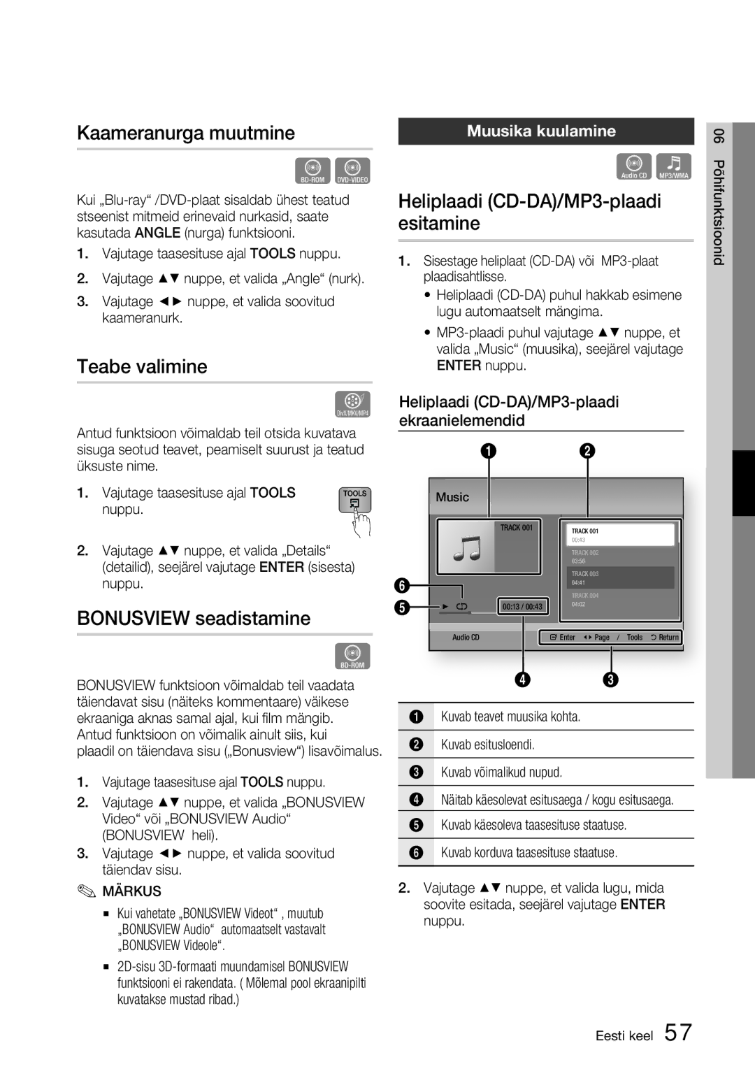 Samsung BD-D6900/EN manual Teabe valimine, Bonusview seadistamine, Muusika kuulamine, Music 