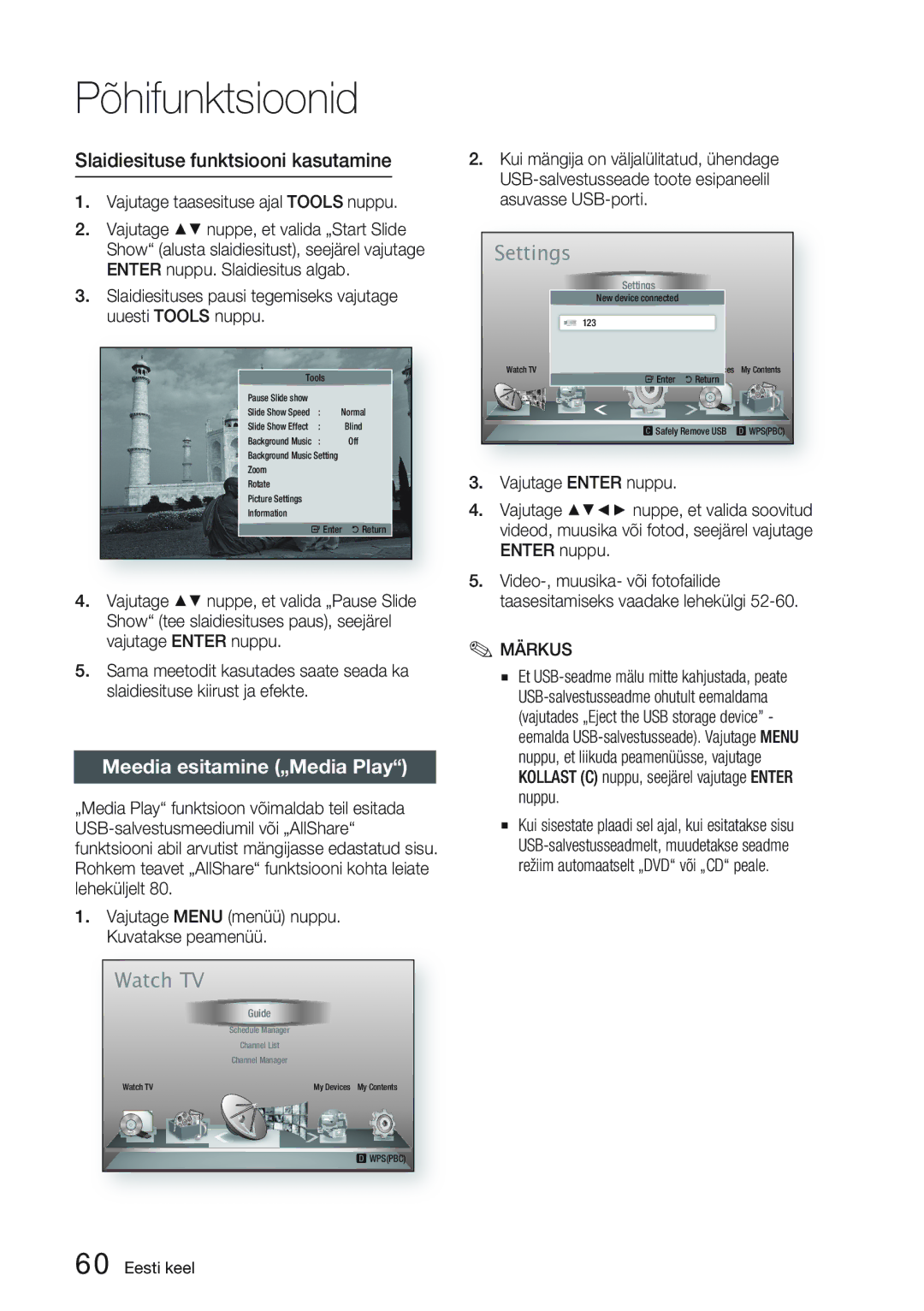 Samsung BD-D6900/EN manual Slaidiesituse funktsiooni kasutamine, Meedia esitamine „Media Play 