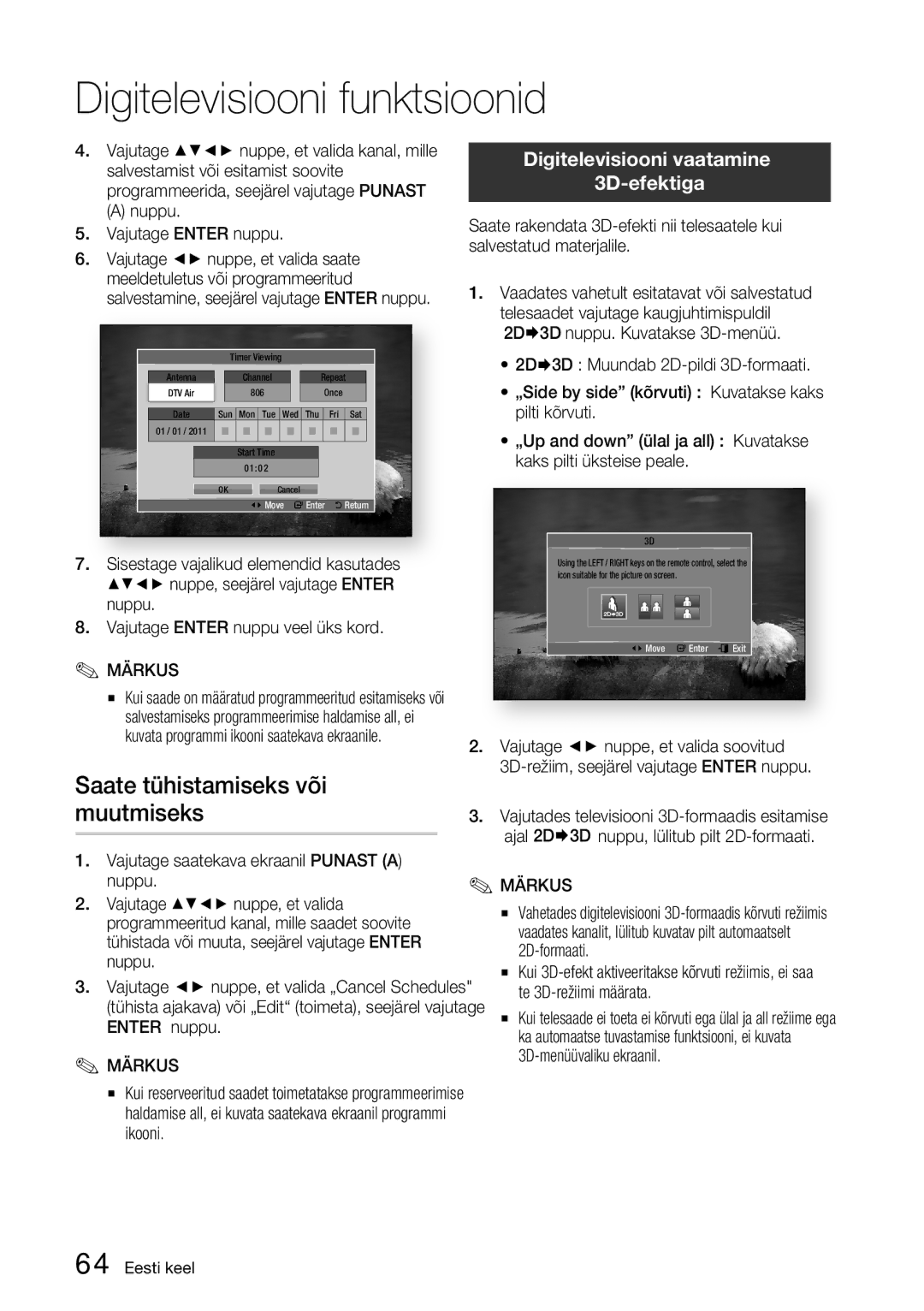 Samsung BD-D6900/EN manual Saate tühistamiseks või, Muutmiseks, Digitelevisiooni vaatamine 3D-efektiga 