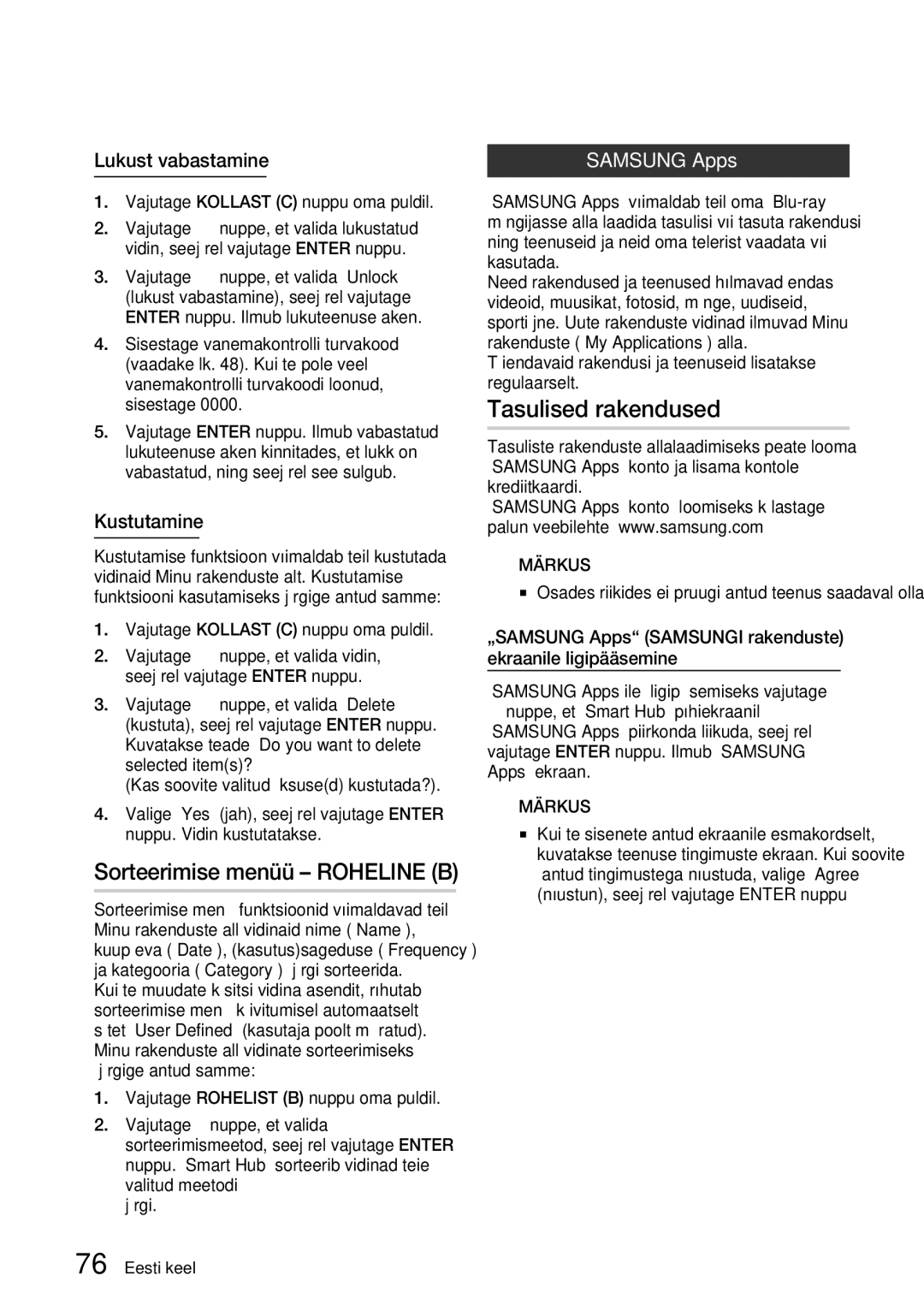 Samsung BD-D6900/EN manual Tasulised rakendused, Lukust vabastamine, „SAMSUNG Apps, Kustutamine 