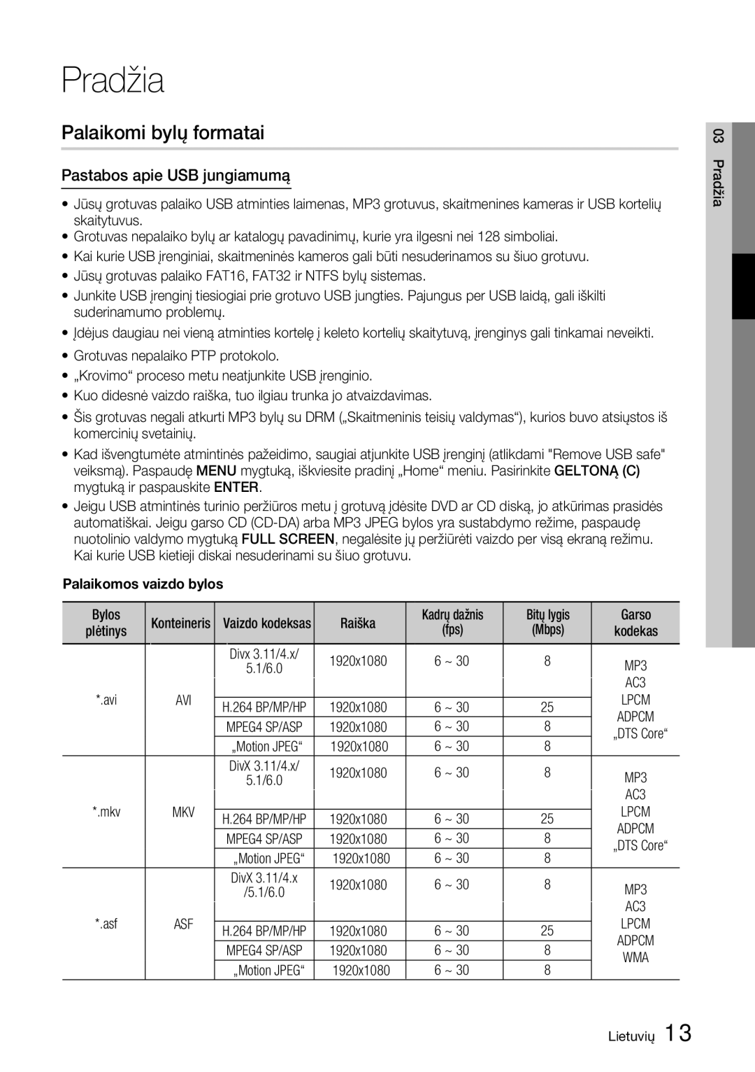 Samsung BD-D6900/EN manual Palaikomi bylų formatai, Pastabos apie USB jungiamumą, Palaikomos vaizdo bylos 