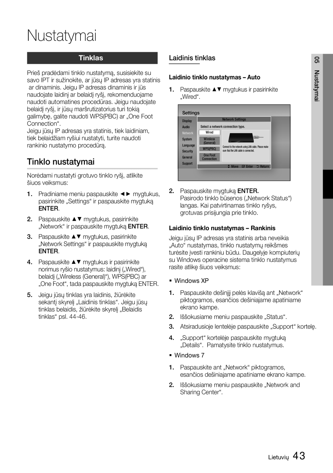 Samsung BD-D6900/EN manual Tinklo nustatymai, Tinklas, Laidinis tinklas, Laidinio tinklo nustatymas Auto 