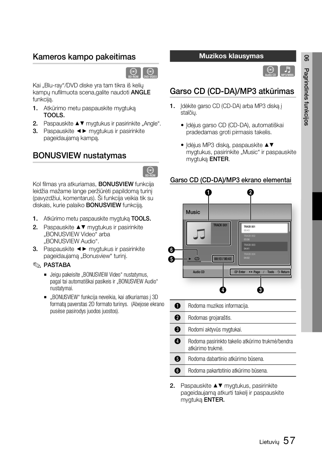 Samsung BD-D6900/EN manual Kameros kampo pakeitimas, Bonusview nustatymas, Garso CD CD-DA/MP3 atkūrimas, Muzikos klausymas 