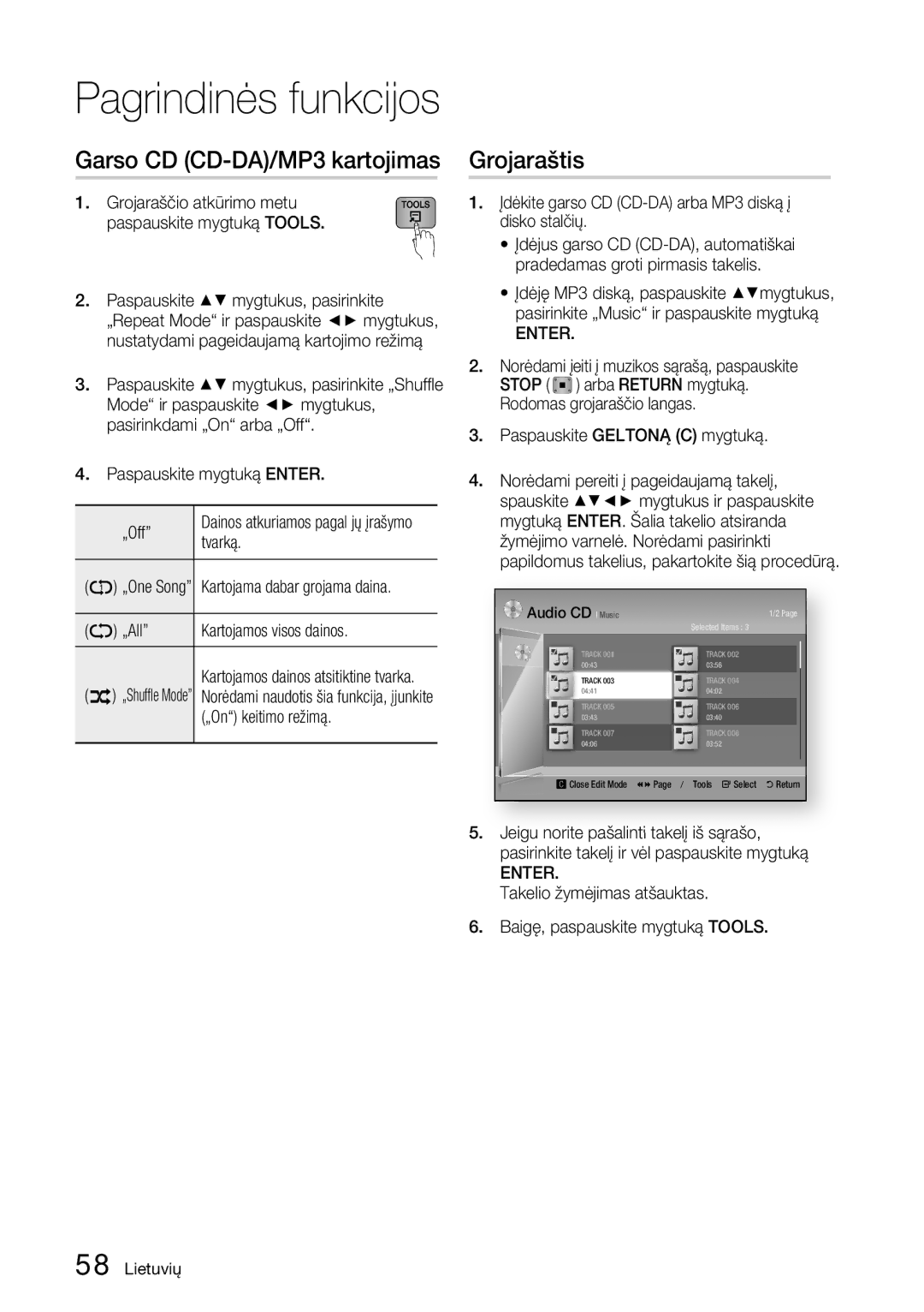 Samsung BD-D6900/EN manual Garso CD CD-DA/MP3 kartojimas, Grojaraštis 