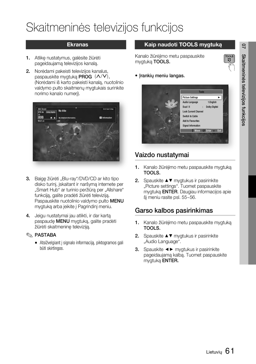 Samsung BD-D6900/EN manual Skaitmeninės televizijos funkcijos, Vaizdo nustatymai, Ekranas, Kaip naudoti Tools mygtuką 