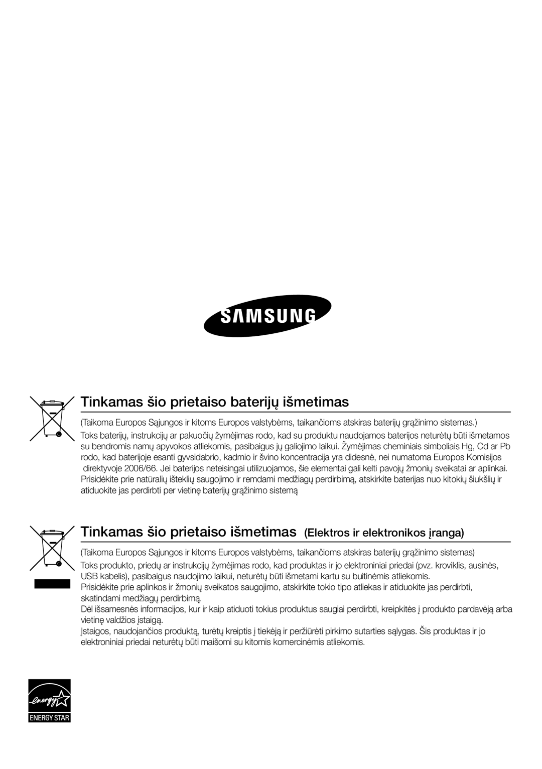 Samsung BD-D6900/EN manual Tinkamas šio prietaiso baterijų išmetimas 