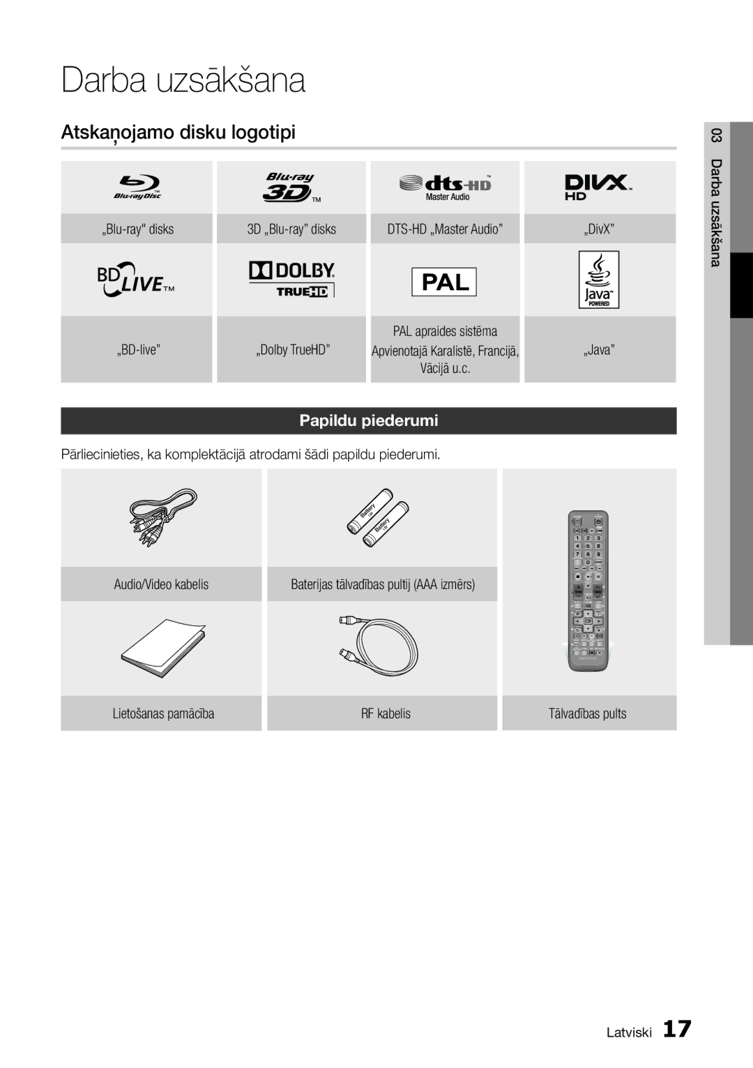 Samsung BD-D6900/EN manual Atskaņojamo disku logotipi, Papildu piederumi, Lietošanas pamācība RF kabelis, Darba, Uzsākšana 