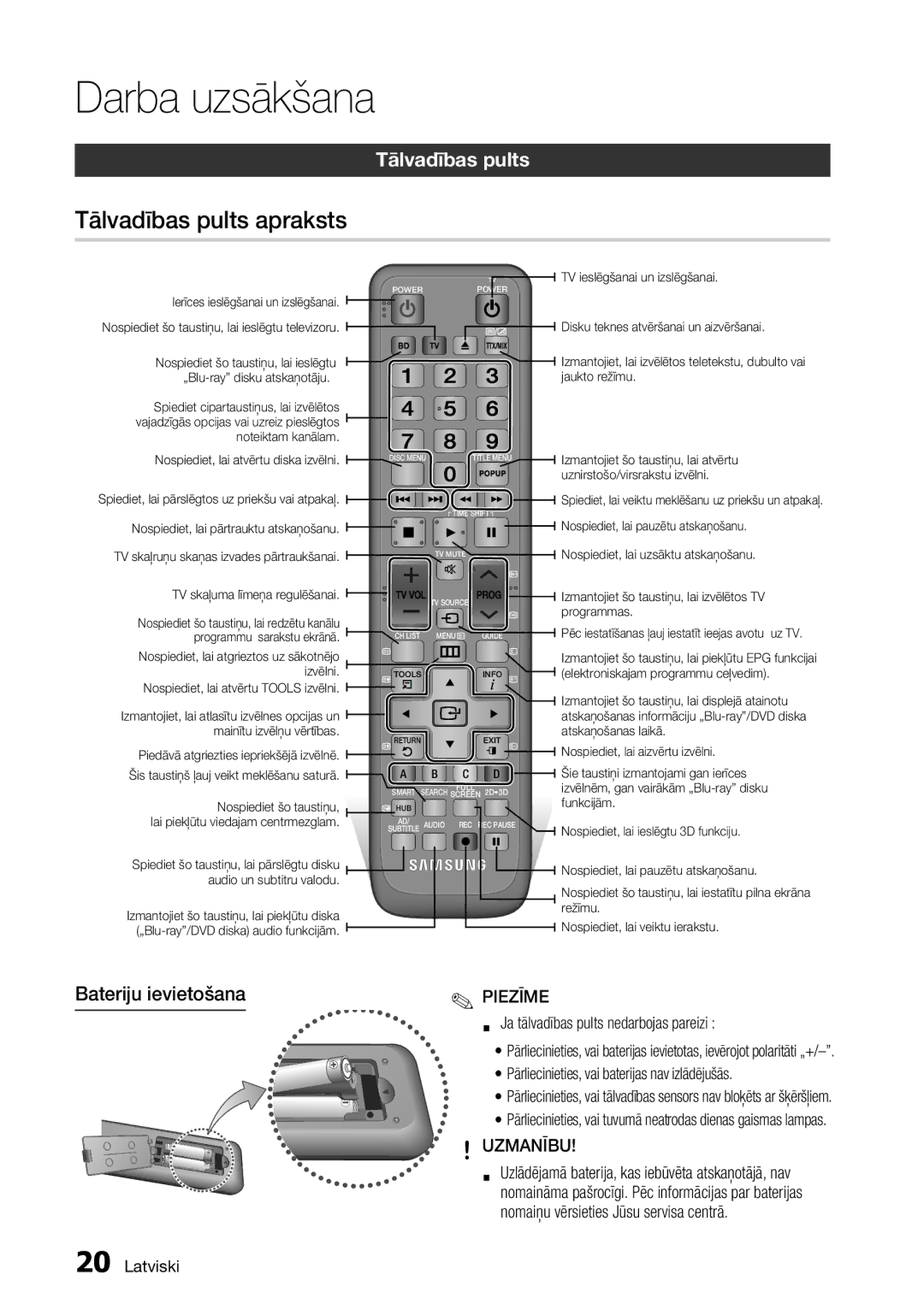 Samsung BD-D6900/EN manual Tālvadības pults apraksts, Bateriju ievietošana, Uzmanību 